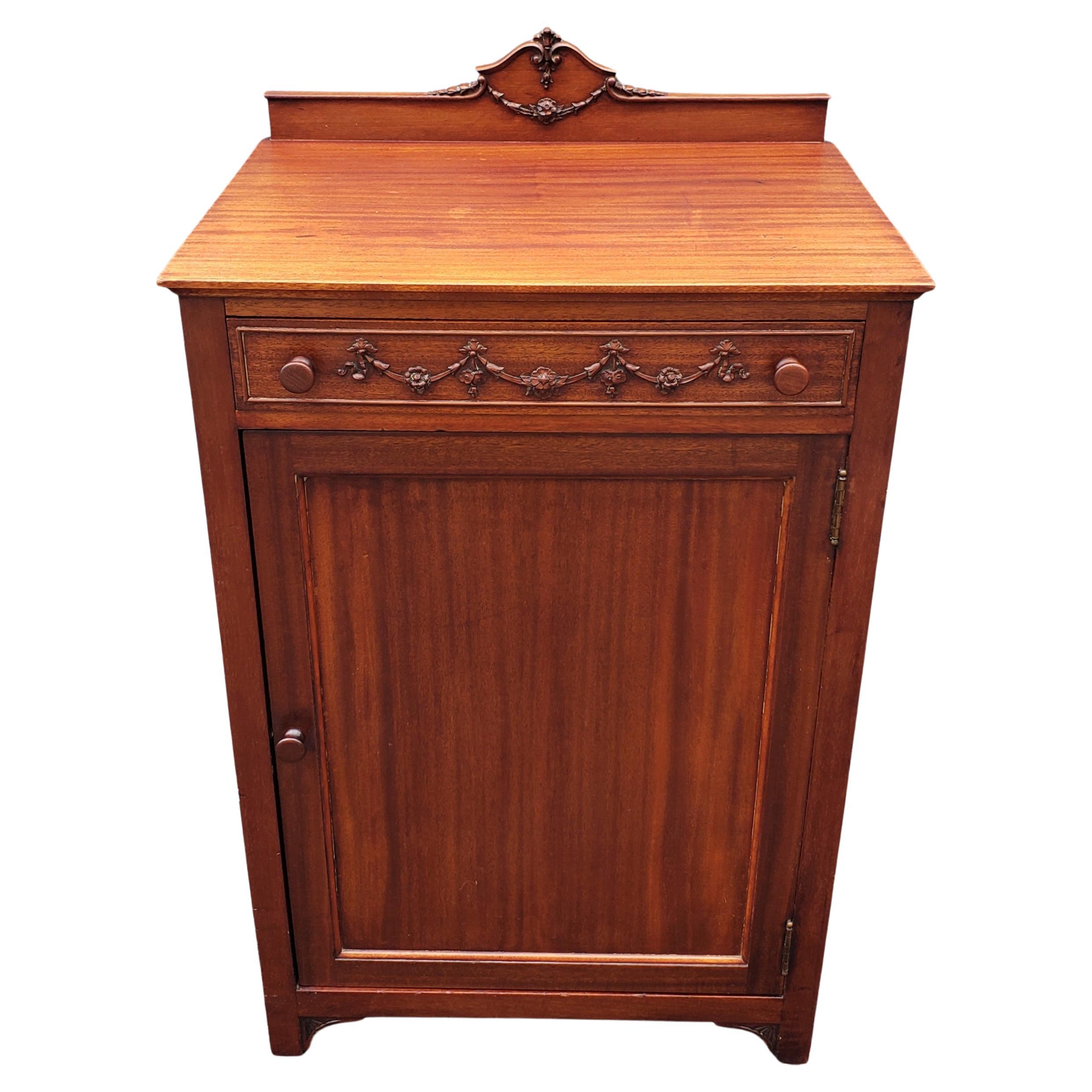 A 19th century Solid Carved Mahogany Sheet Music Cabinet by Robert. J. Horner and Co. Great structural and cosmetic condition. Cabinet has been recently refinished. Pure solid Mahogany. Measures 22