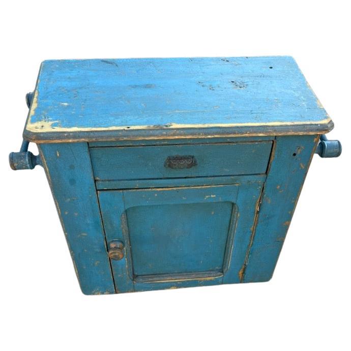 19thc Original painted Robin Egg Blue wash stand side cupboard with towel bar end . Drawer over door washstand. Beautiful patina and age.