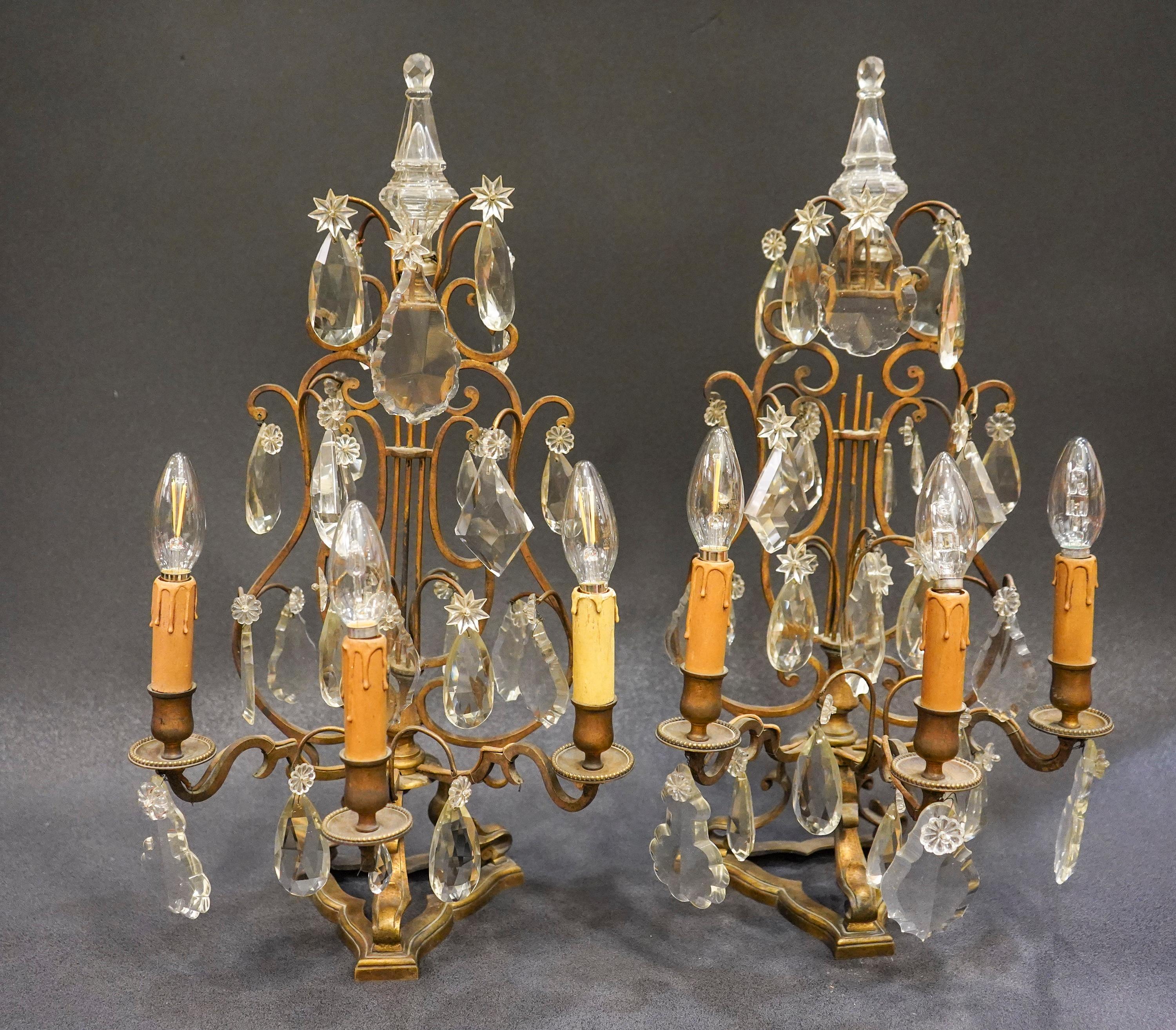 19th Century Rock Crystal and Bronze Set of French Girandoles Electrified 7