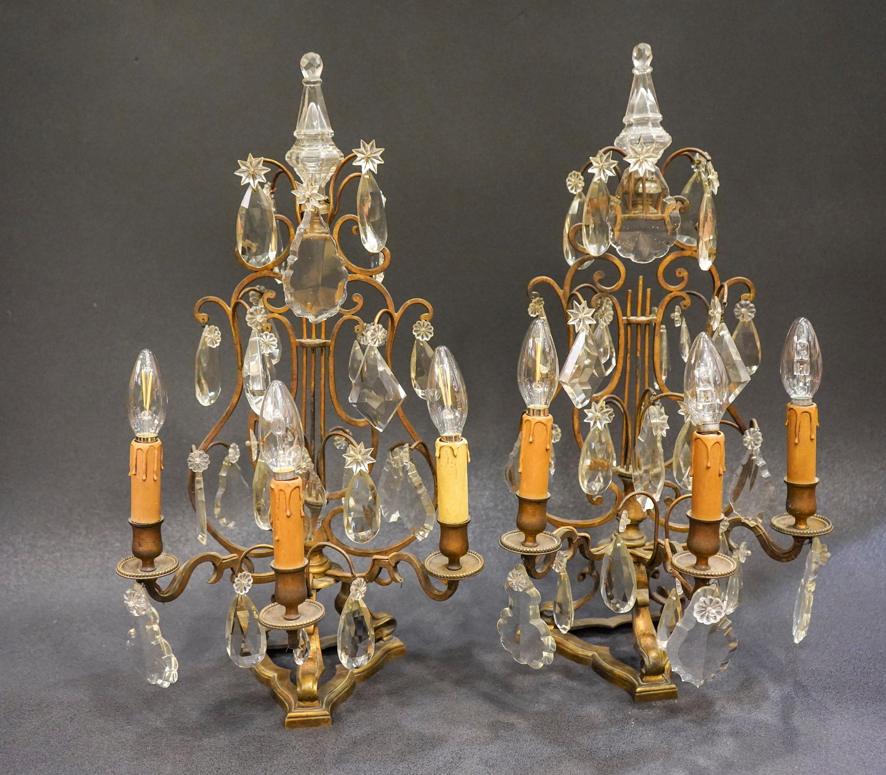 19th Century Rock Crystal and Bronze Set of French Girandoles Electrified 8