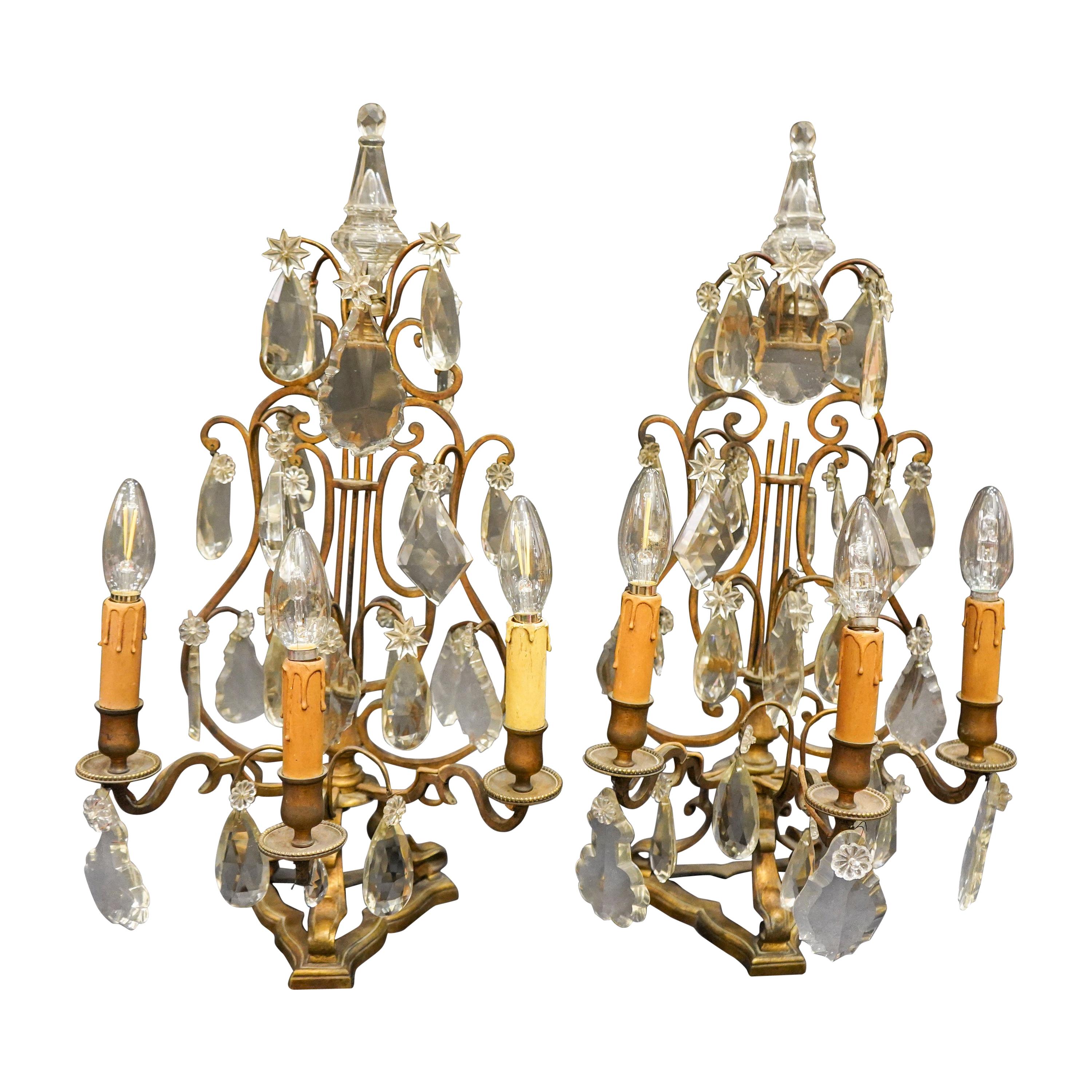 19th Century Rock Crystal and Bronze Set of French Girandoles Electrified