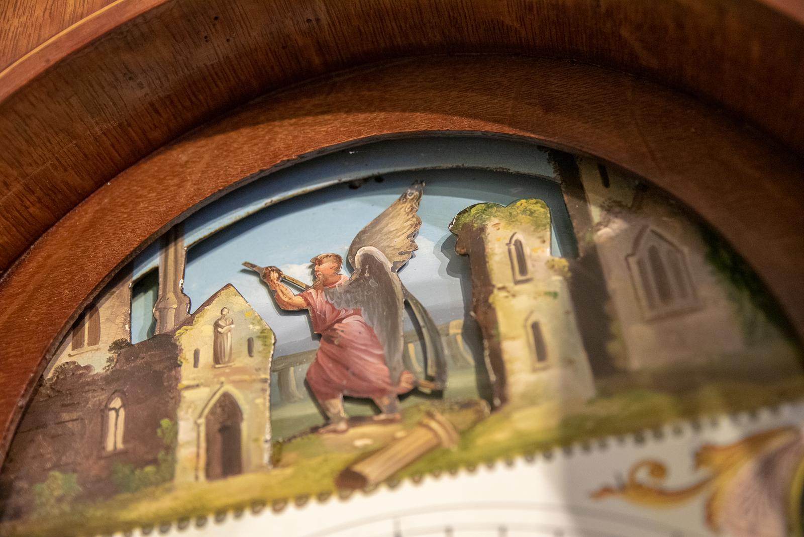 A rocking father time automata arched painted dial clock with 8 day striking the hours movement by William Preddy of Langport, Somerset. Recorded working 1822-1831. A noted maker of automata clocks. In a small oak and mahogany case.
George III