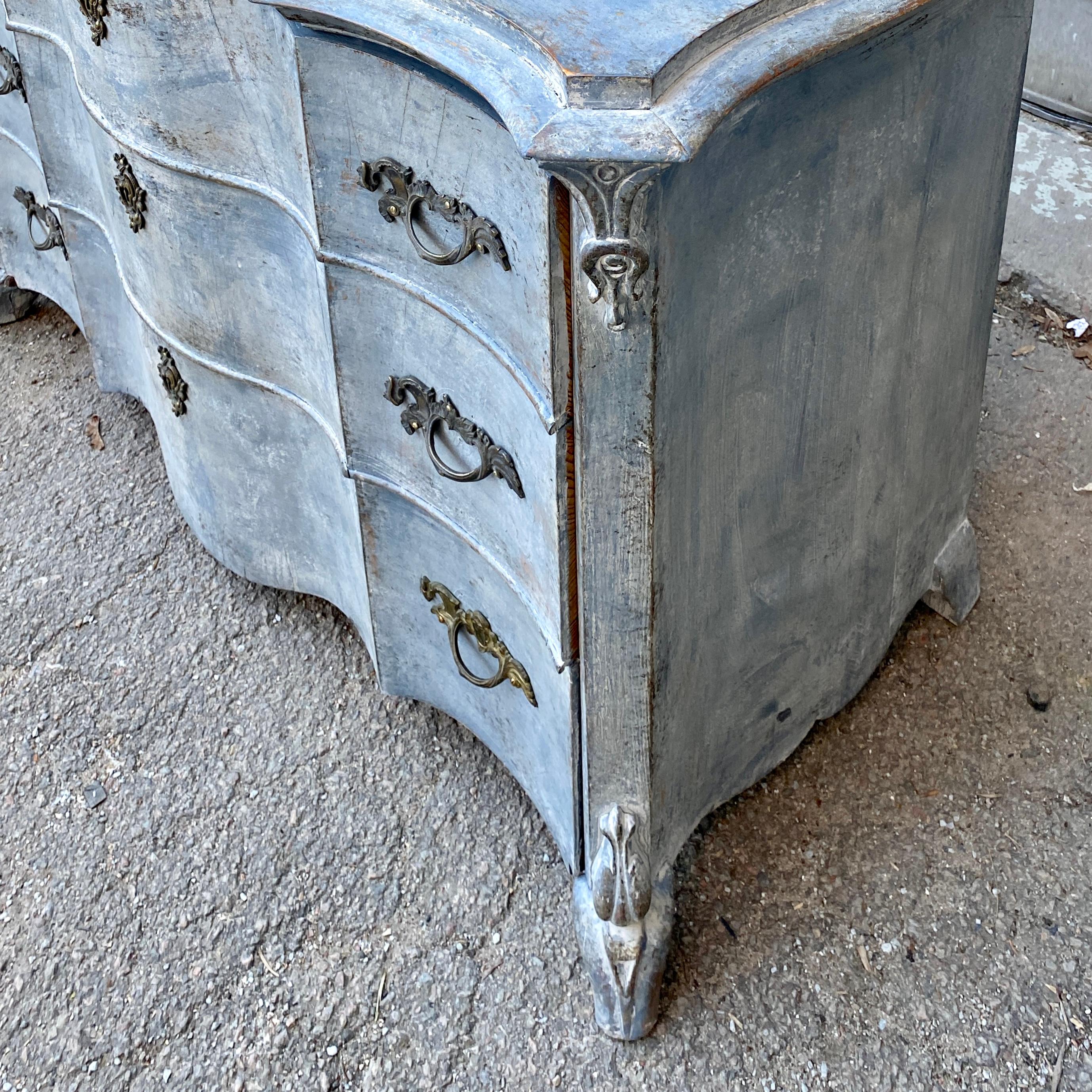 19th Century Rococo Blue Painted Chest of 3 Drawers, Sweden For Sale 5