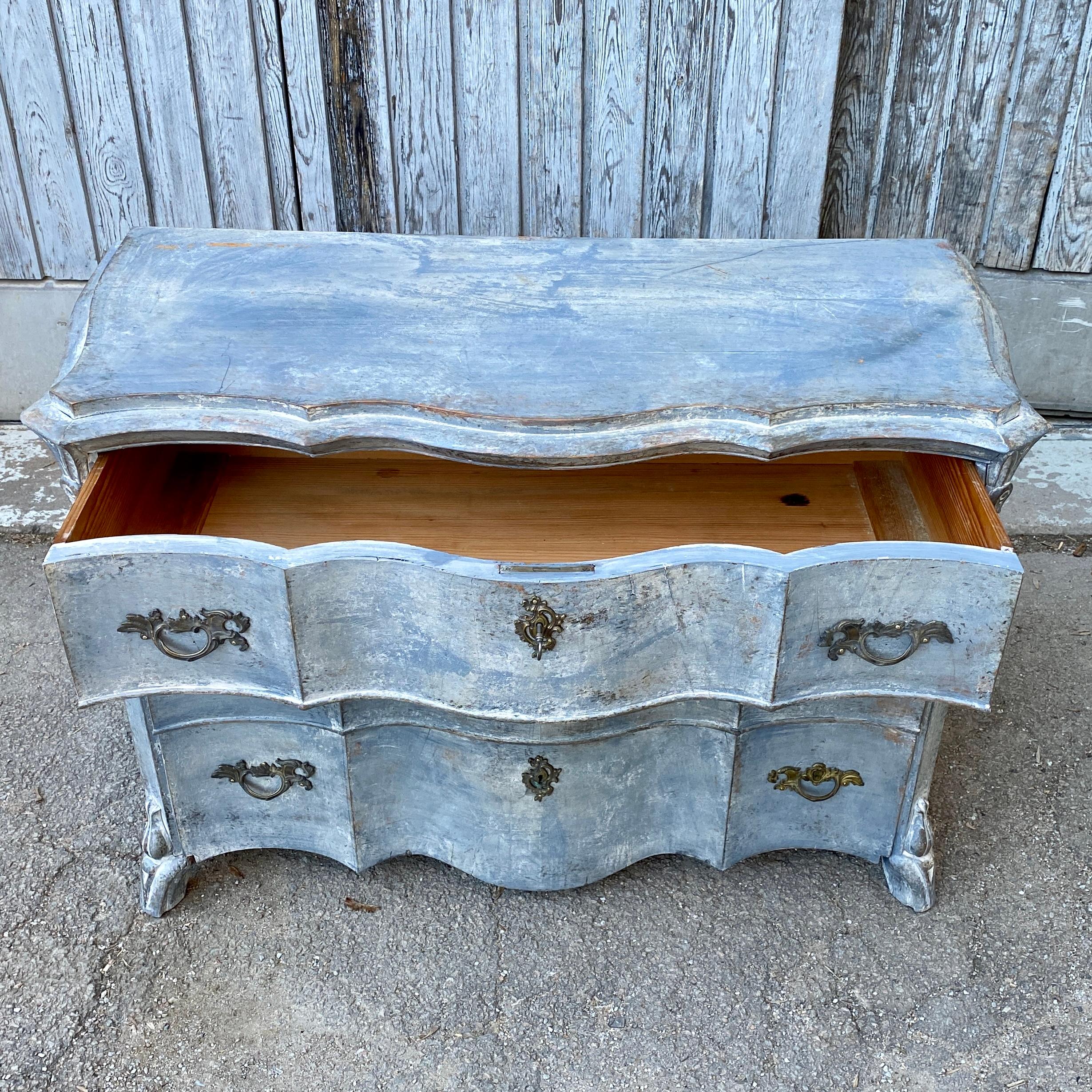 19th Century Rococo Blue Painted Chest of 3 Drawers, Sweden For Sale 7