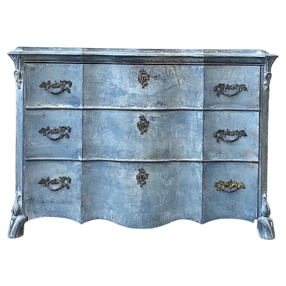 Swedish 19th Century Rococo Blue Painted Chest of 3 Drawers, Sweden For Sale