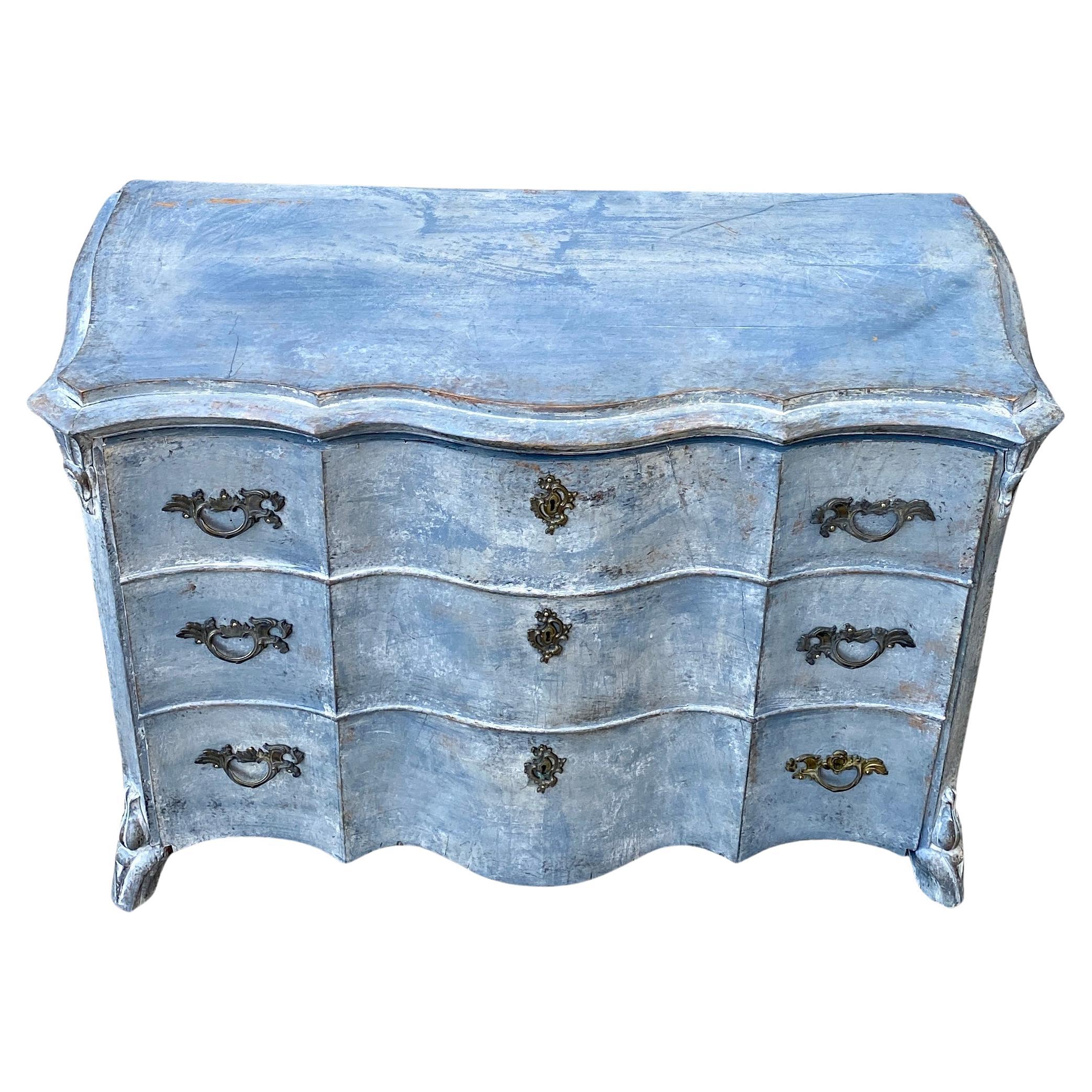 19th Century Rococo Blue Painted Chest of 3 Drawers, Sweden In Good Condition For Sale In Haddonfield, NJ