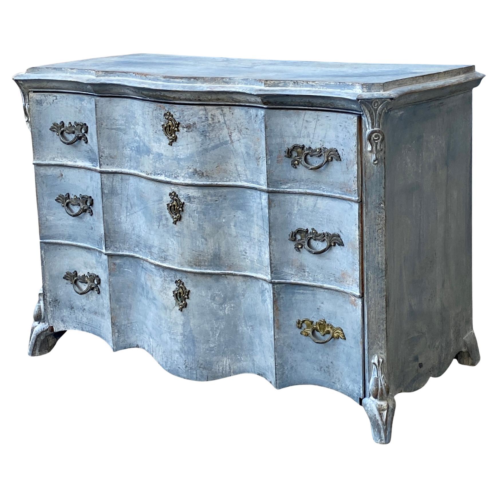 Mid-19th Century 19th Century Rococo Blue Painted Chest of 3 Drawers, Sweden For Sale