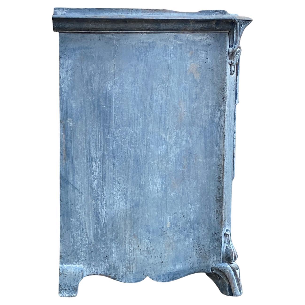 Pine 19th Century Rococo Blue Painted Chest of 3 Drawers, Sweden For Sale
