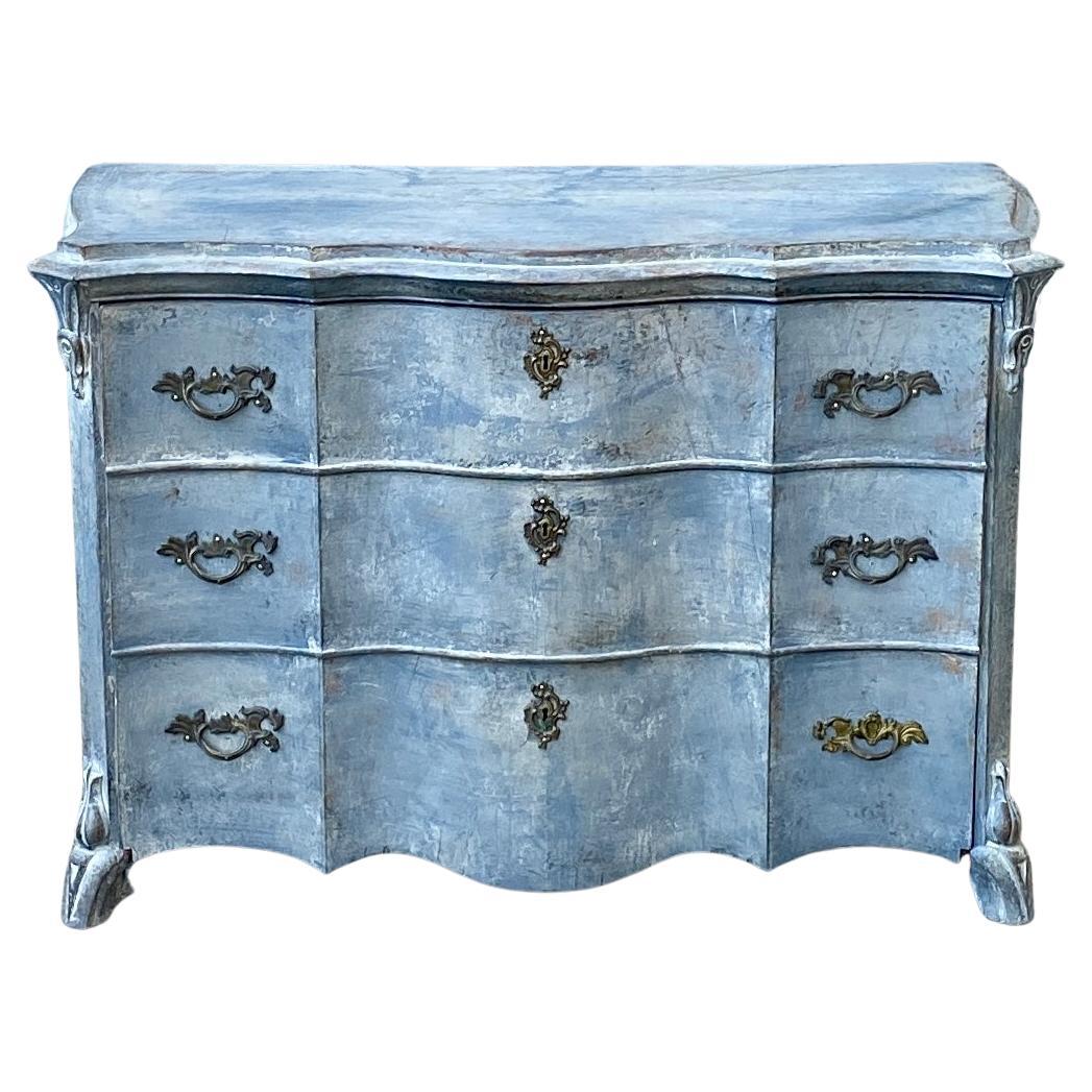 19th Century Rococo Blue Painted Chest of 3 Drawers, Sweden For Sale