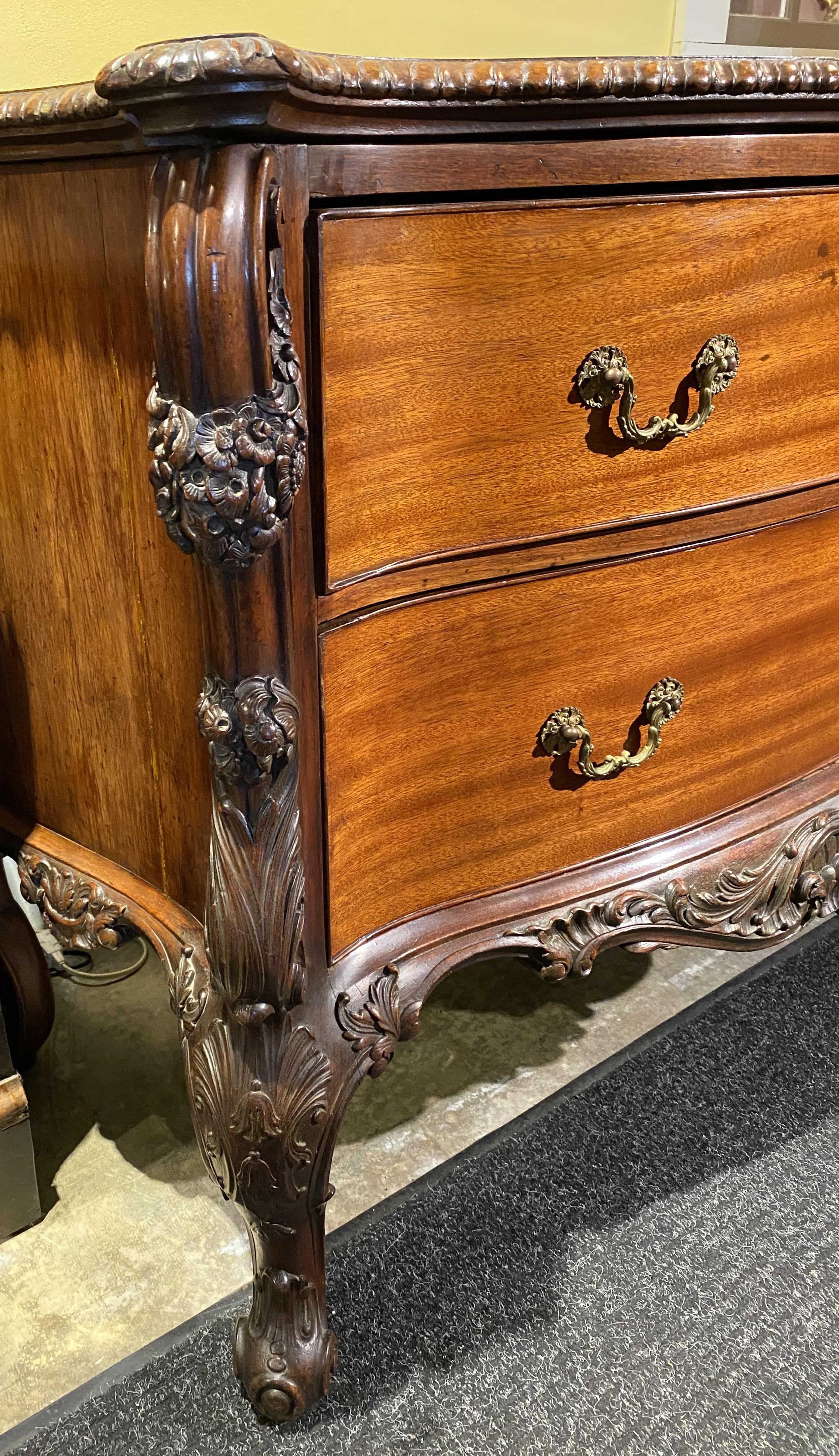 Hand-Carved 19th Century Rococo Foliate & Scrollwork Carved Commode or Chest in Mahogany For Sale