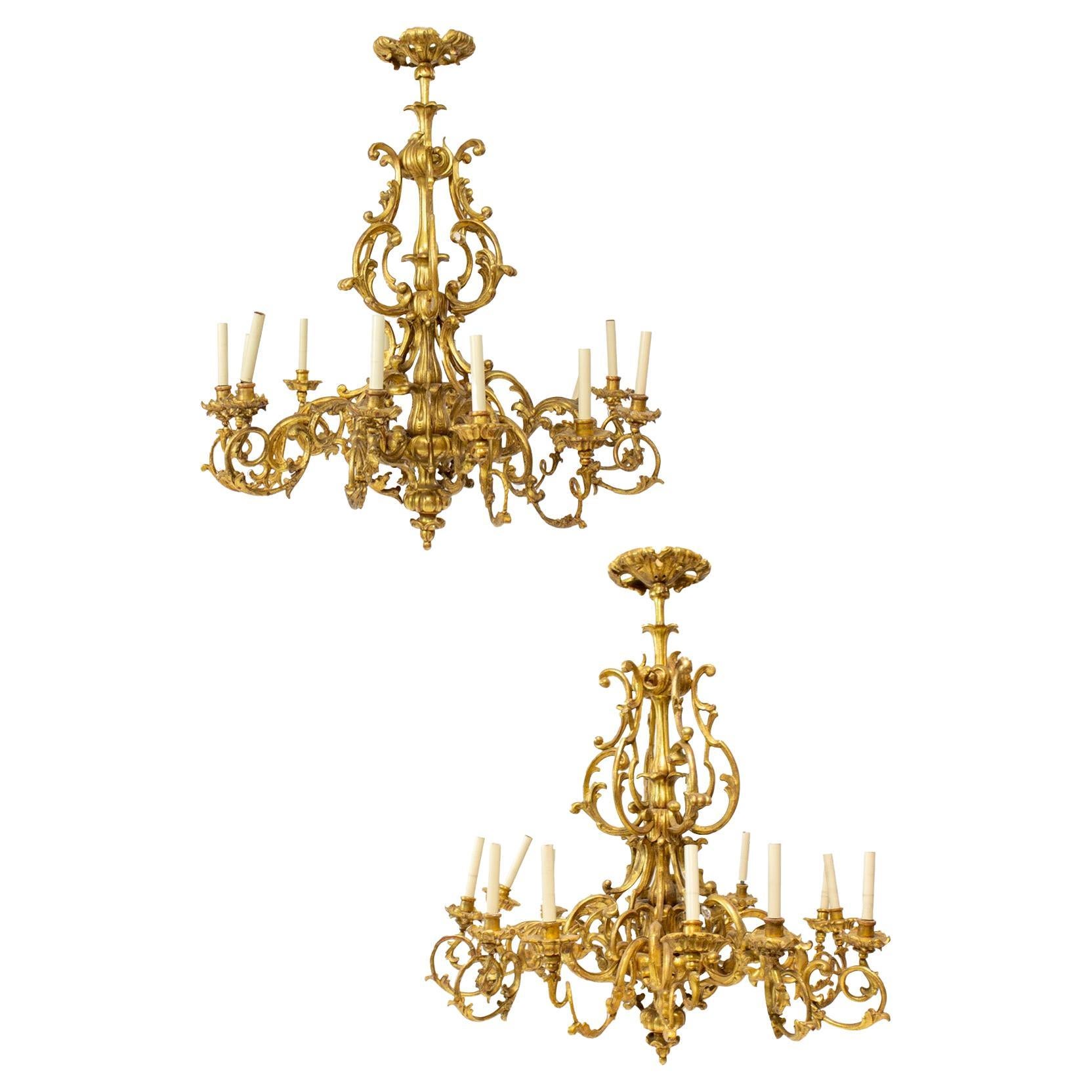 19th Century Rococo French Giltwood Chandeliers, a Pair