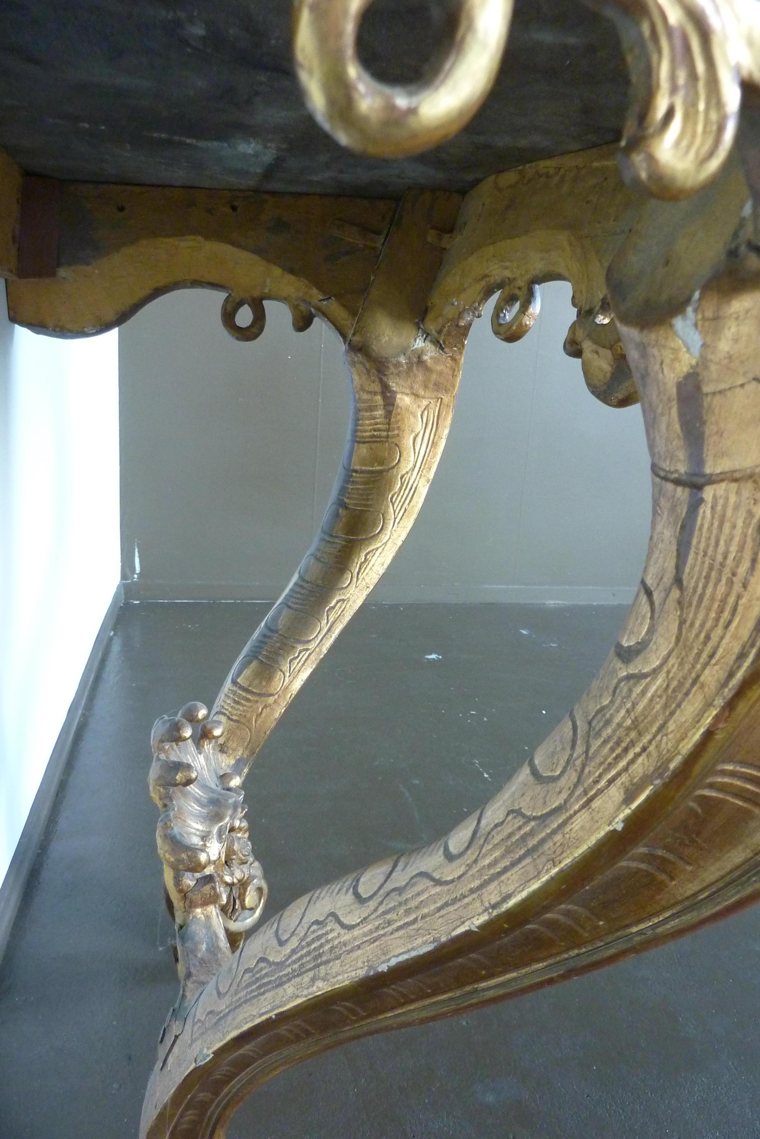 19th Century Rococo Louis XV Style Gilded Console Table with a Marble Top For Sale 4