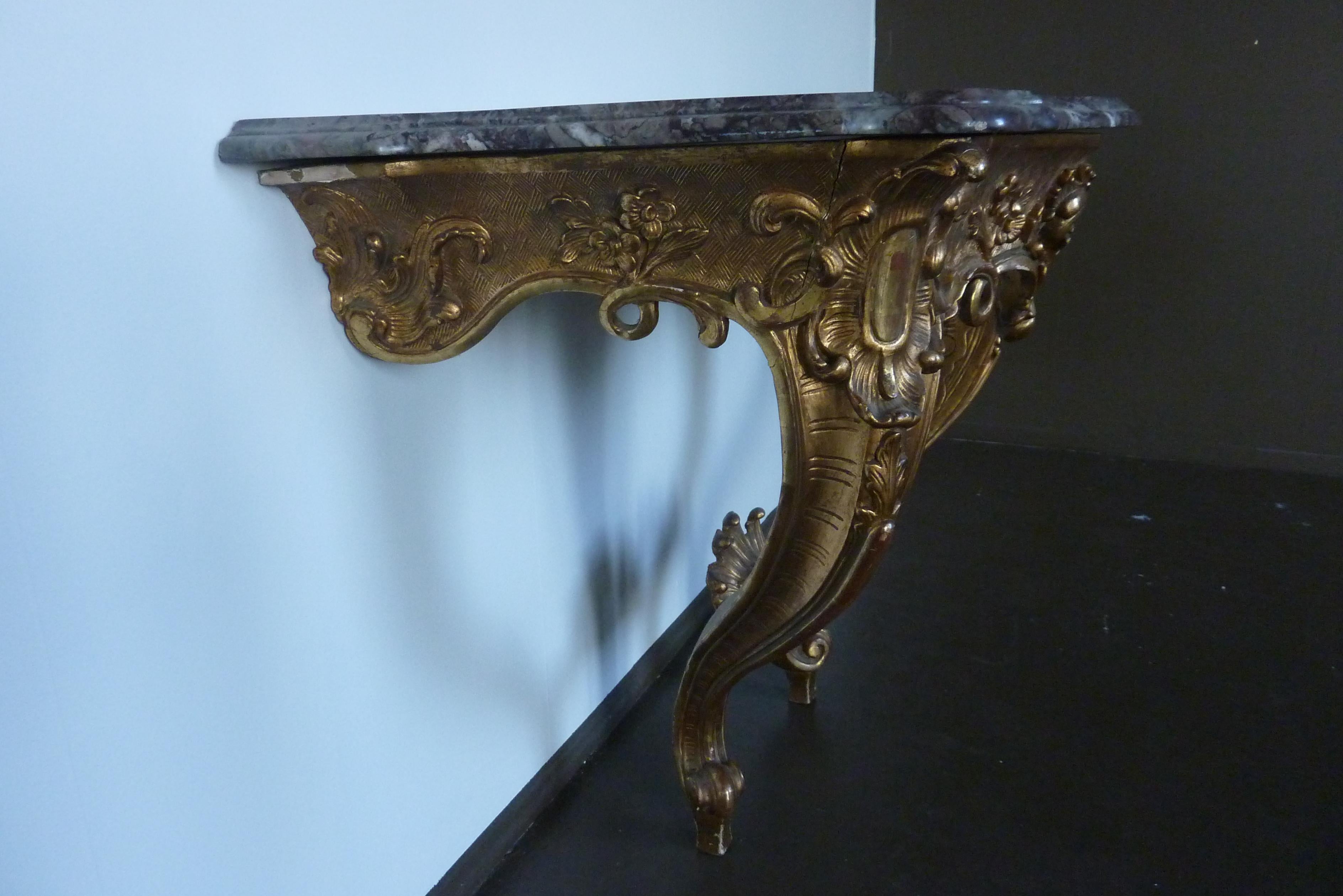French 19th Century Rococo Louis XV Style Gilded Console Table with a Marble Top For Sale