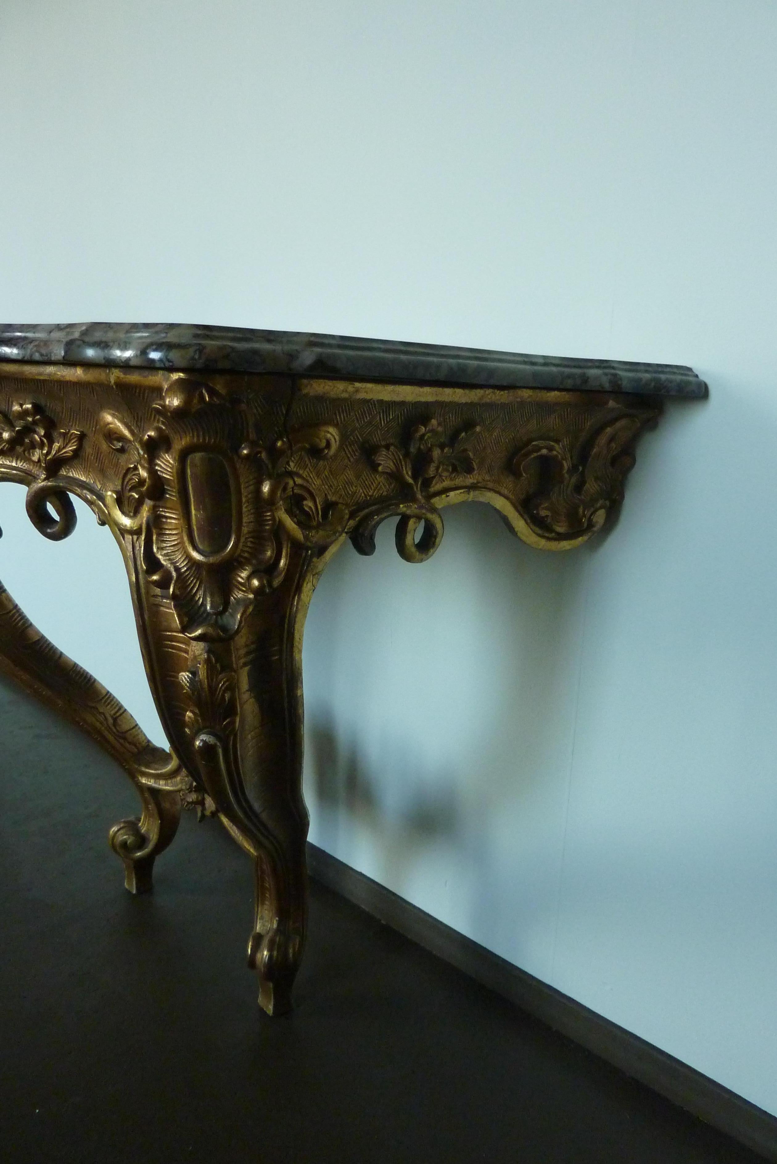 Hand-Crafted 19th Century Rococo Louis XV Style Gilded Console Table with a Marble Top For Sale