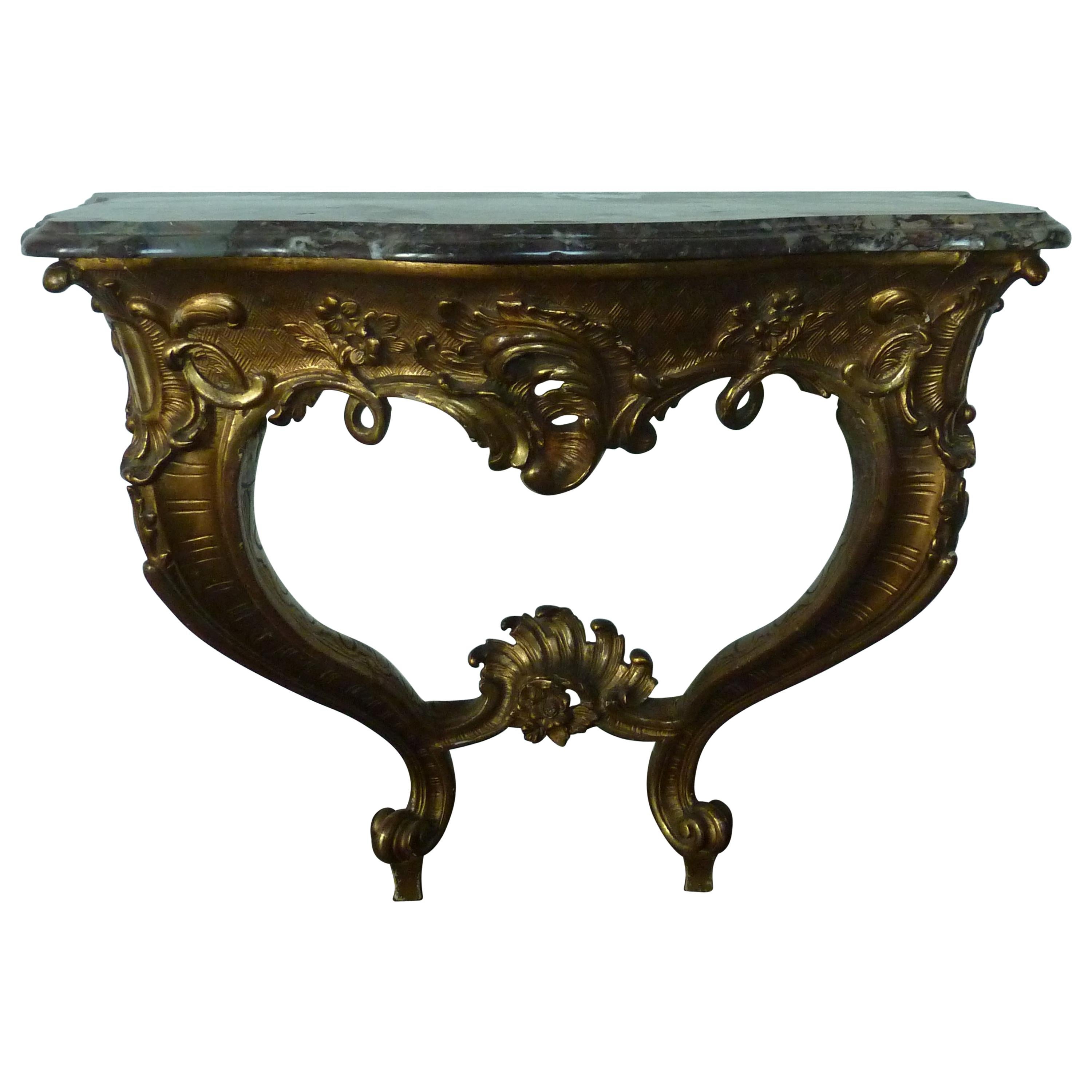 19th Century Rococo Louis XV Style Gilded Console Table with a Marble Top For Sale