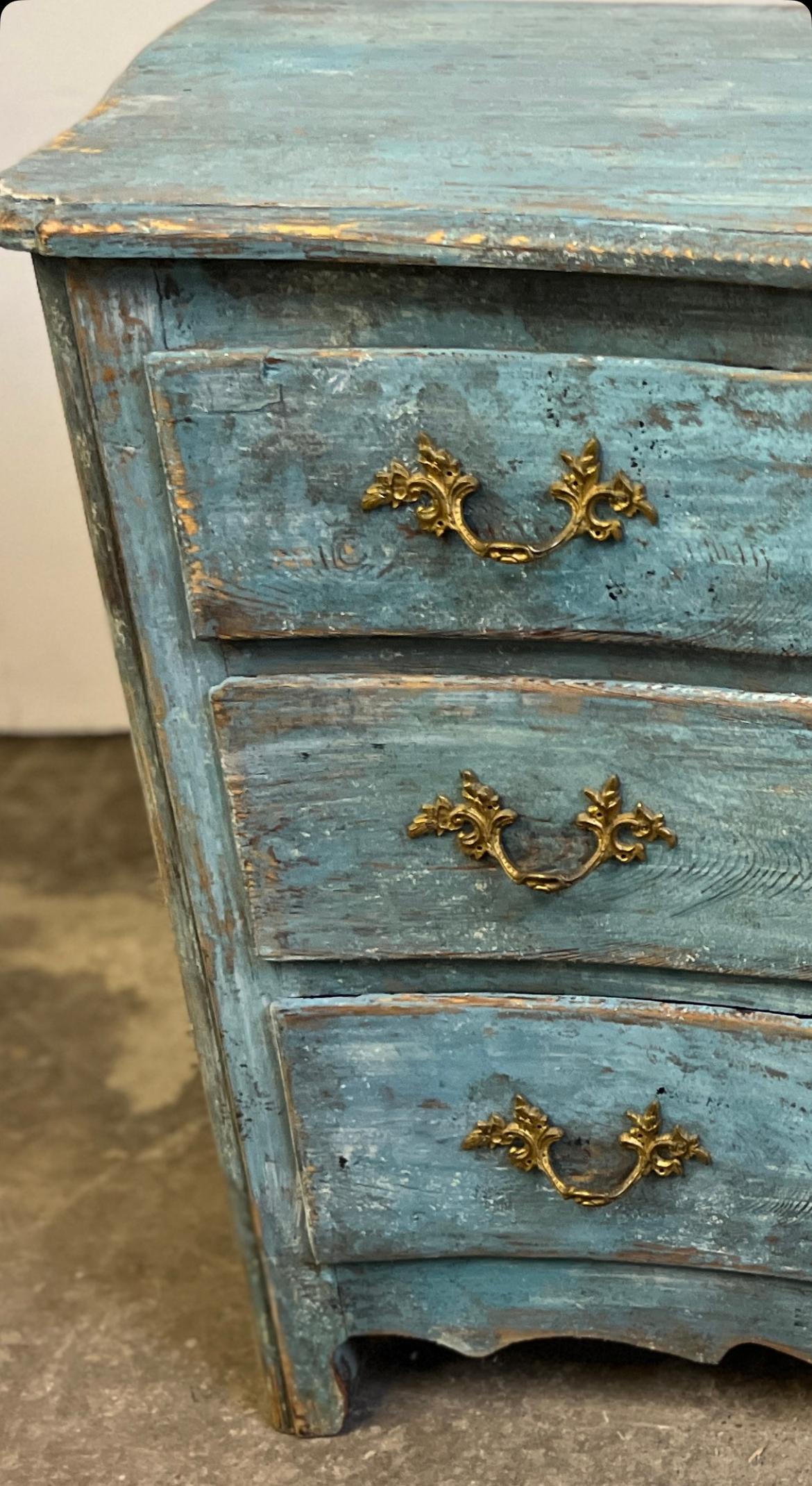 Hand-Crafted 19th Century Rococo Original Blue Painted Commode For Sale