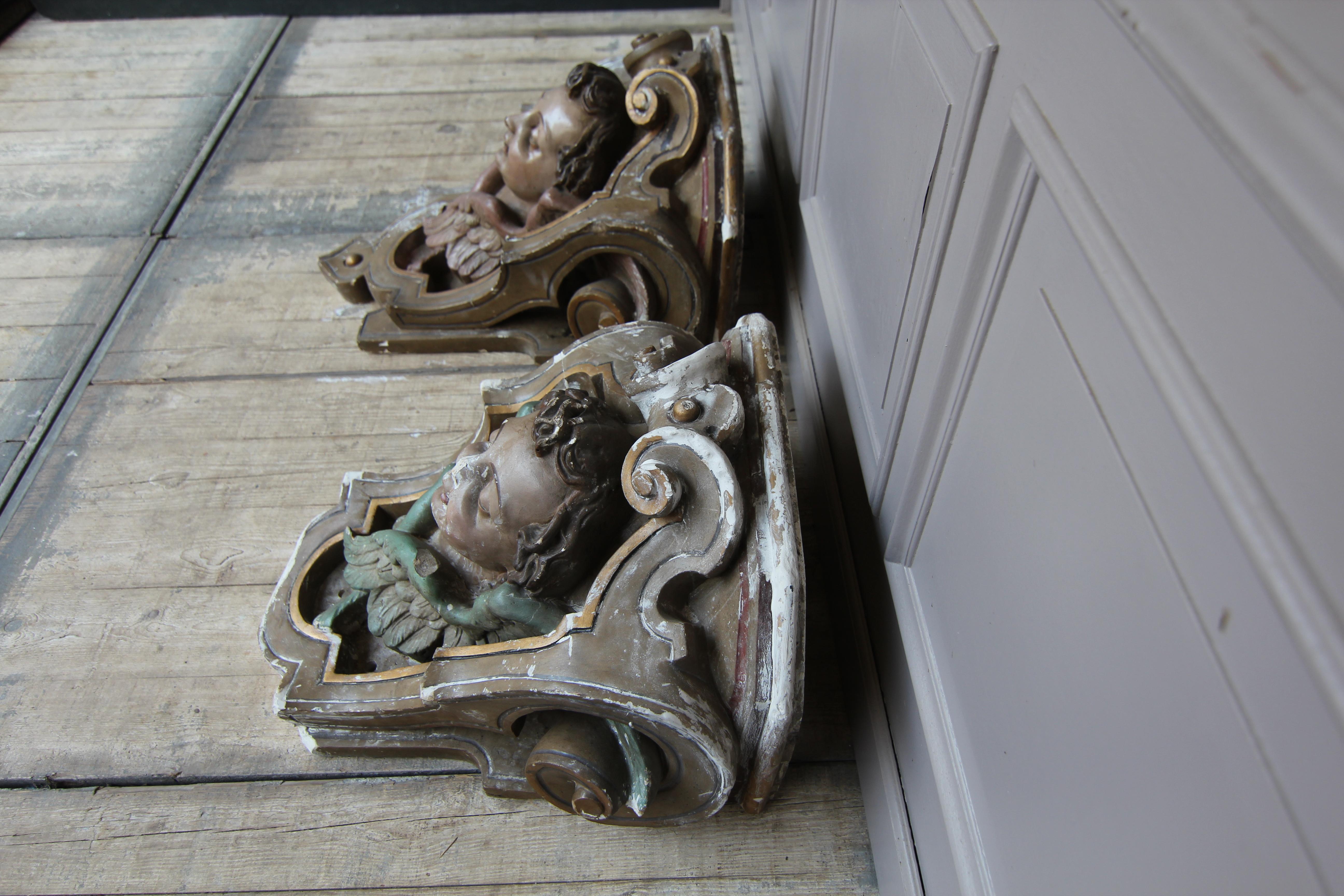 19th Century Rococo Revival Putti Wall Brackets made of Plaster, Set of 2 For Sale 7