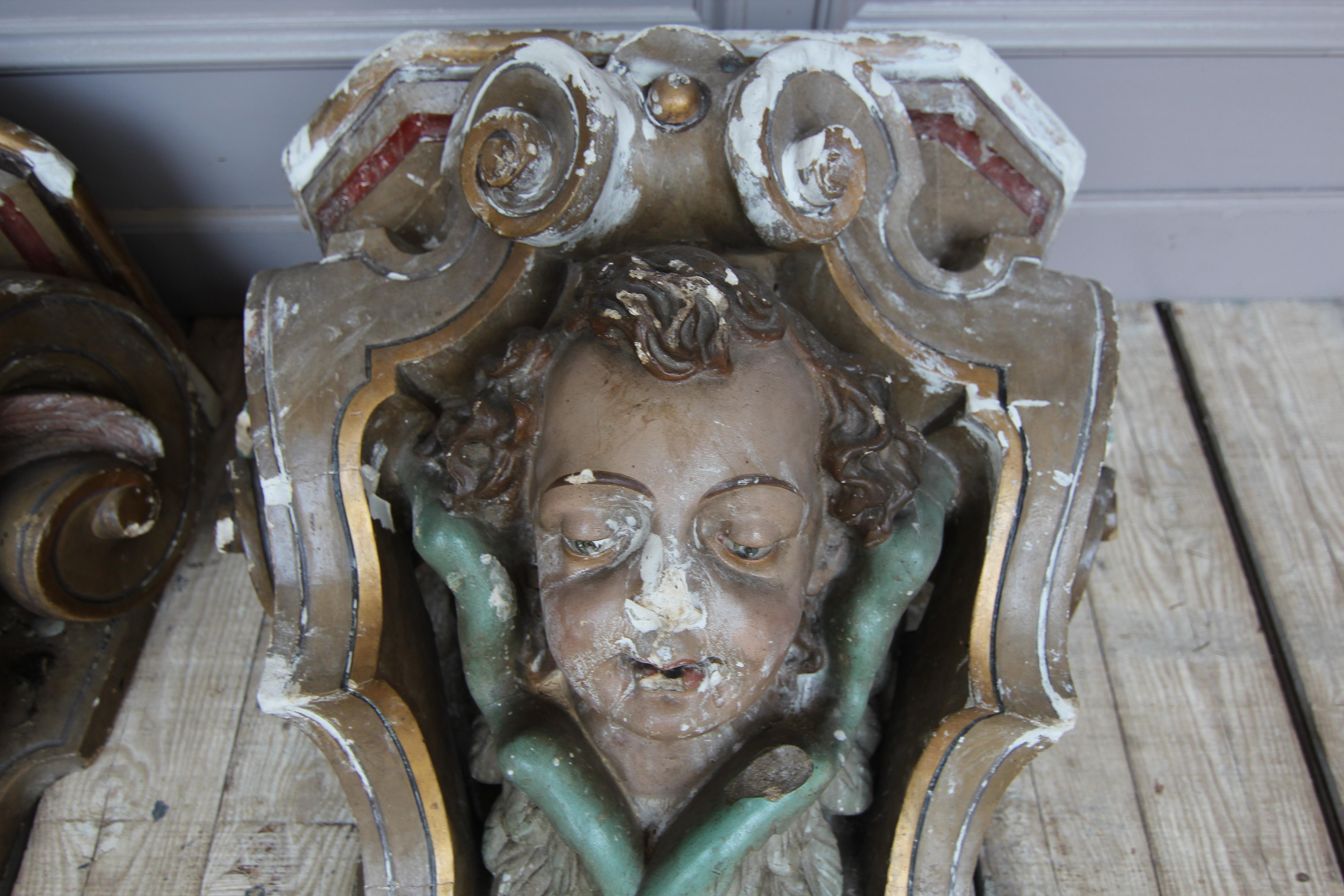 Polychromed 19th Century Rococo Revival Putti Wall Brackets made of Plaster, Set of 2 For Sale