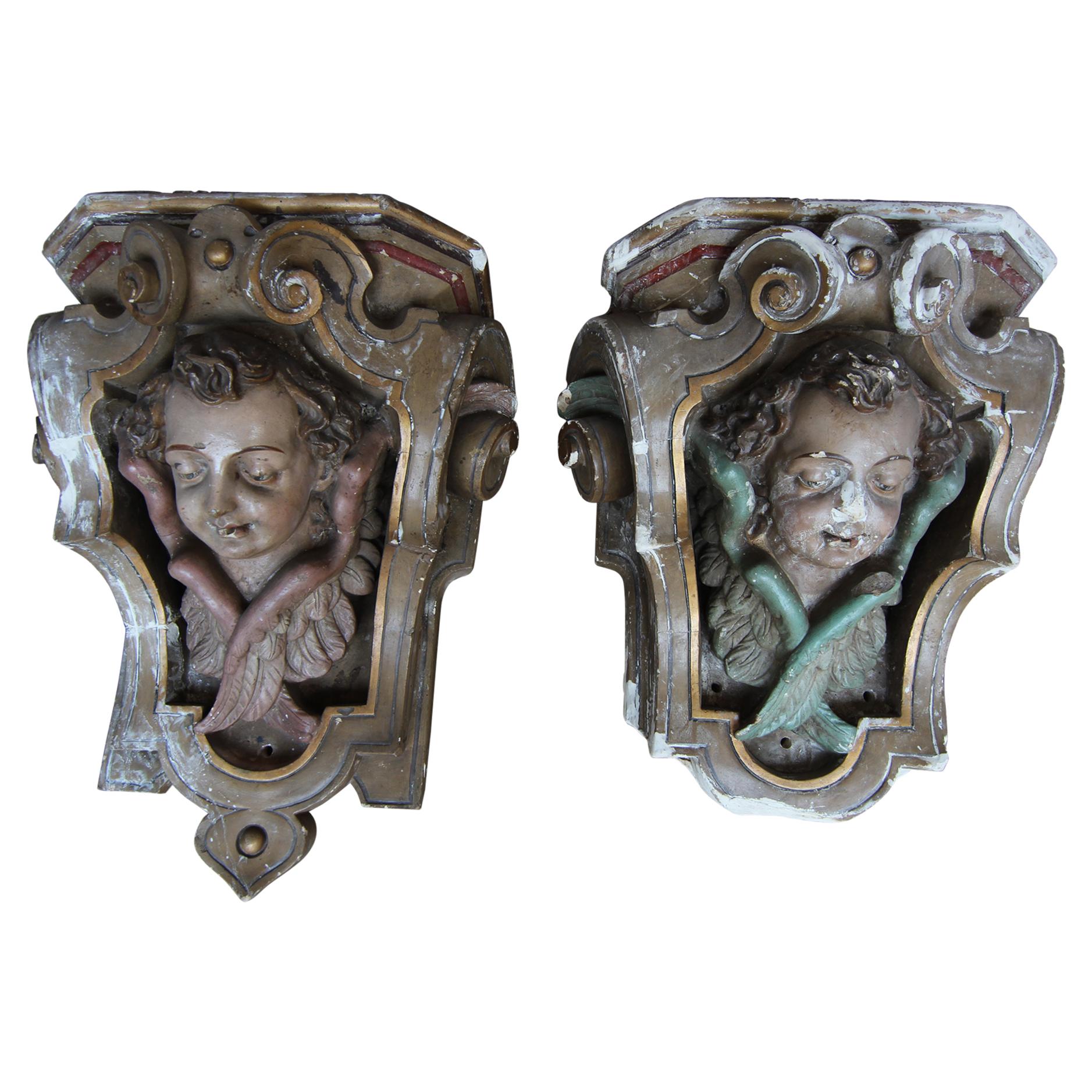 19th Century Rococo Revival Putti Wall Brackets made of Plaster, Set of 2 For Sale