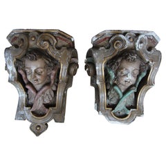 Antique 19th Century Rococo Revival Putti Wall Brackets made of Plaster, Set of 2
