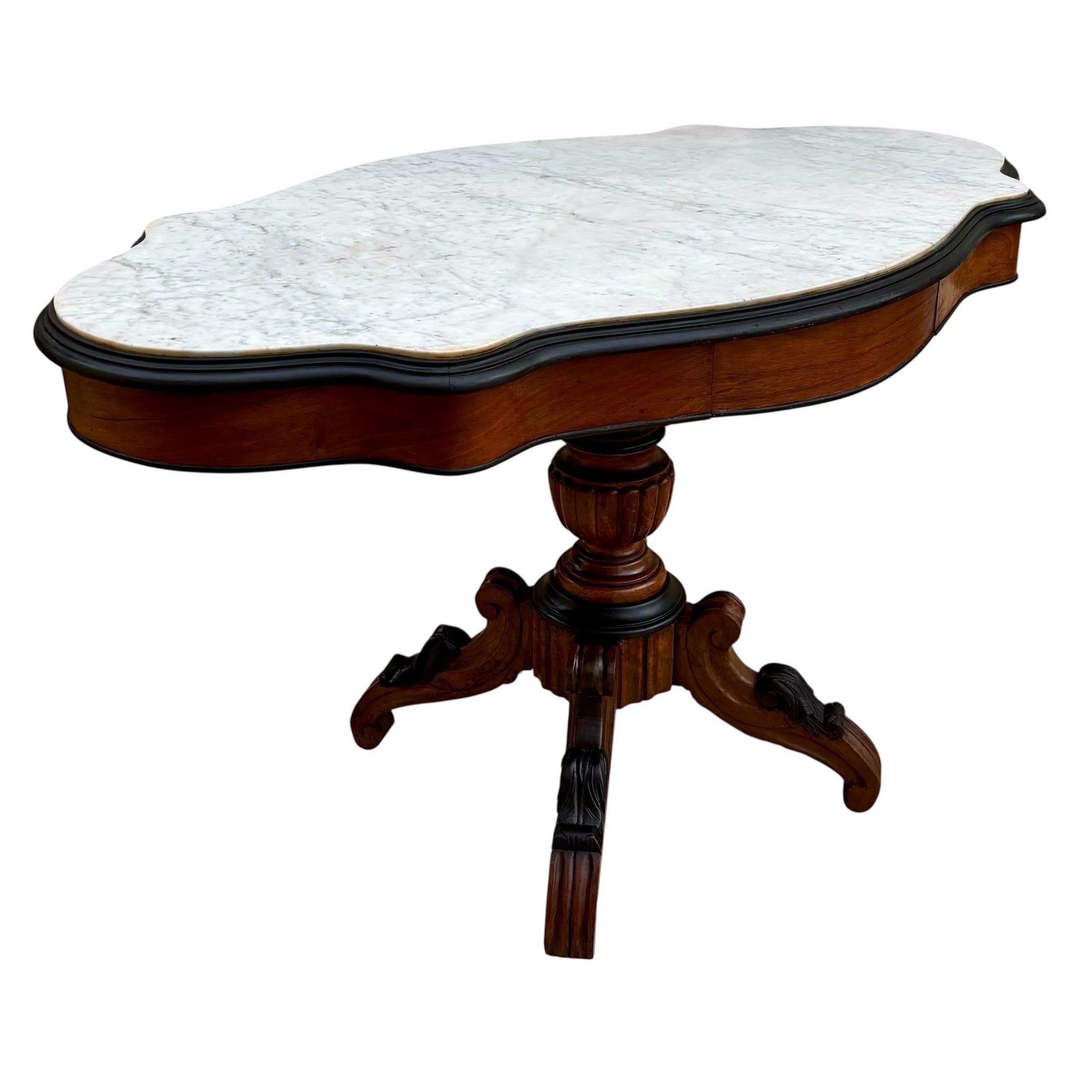 19th Century Rococo Revival Walnut Center Table with Shaped Marble Top