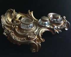 19th Century Rococo Style French Bronze Ormolu Desk Double Inkwell Encrier