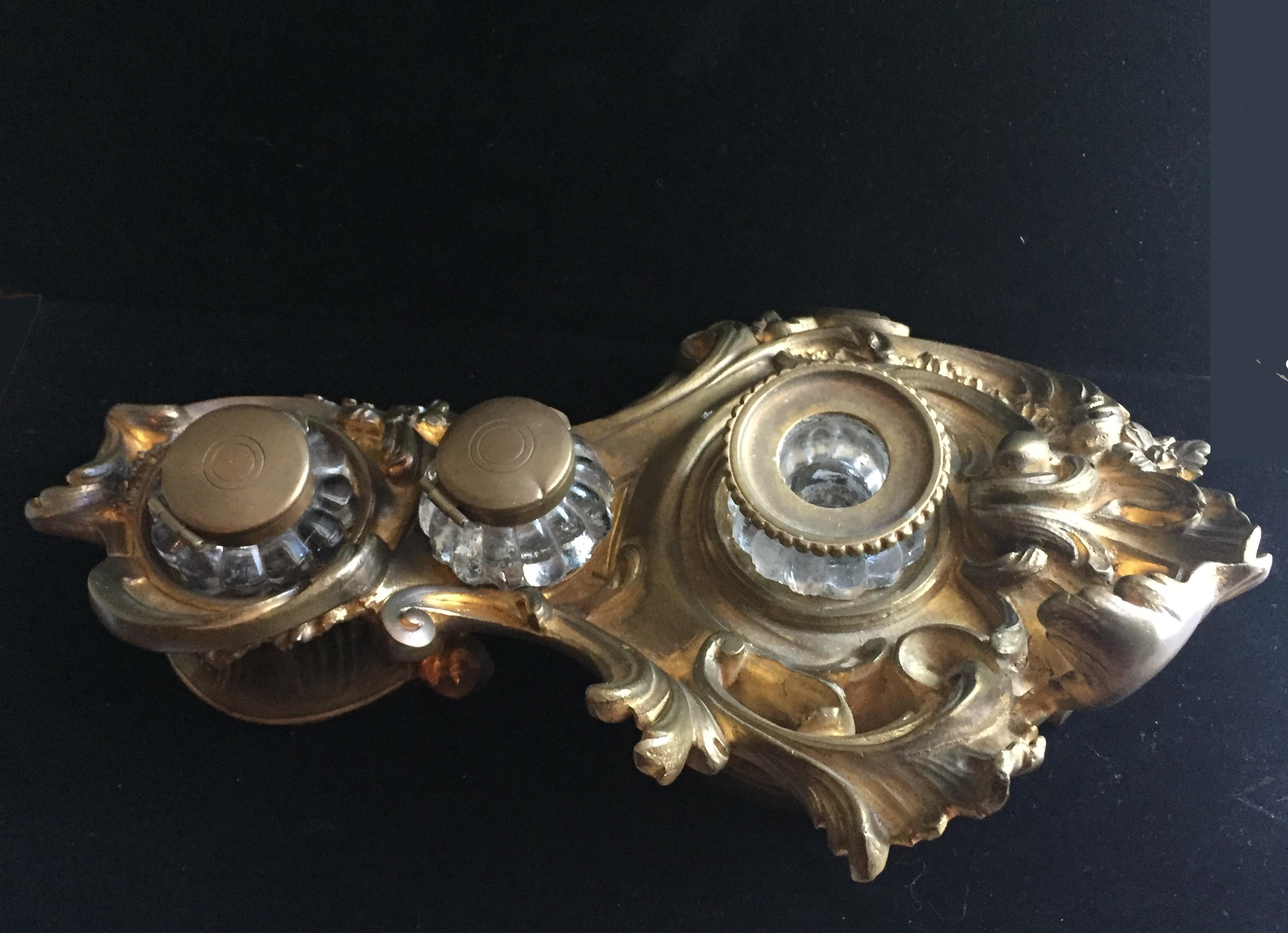 Rococo Revival 19th Century Rococo Style French Bronze Ormolu Desk Double Inkwell Encrier