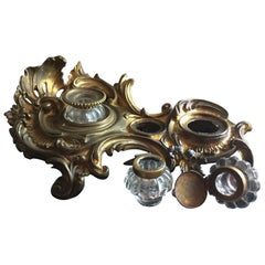 19th Century Rococo Style French Bronze Ormolu Desk Double Inkwell Encrier