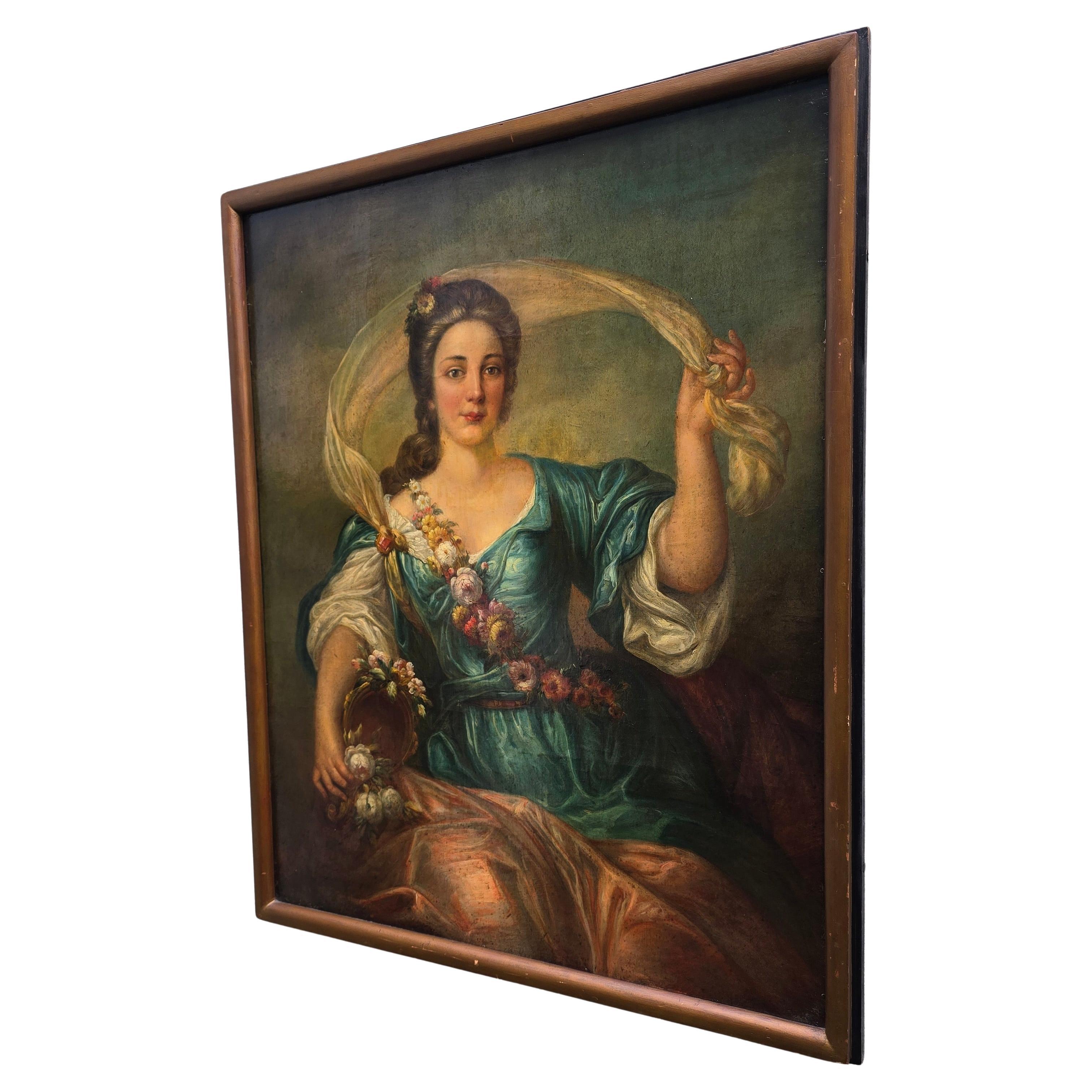 19th Century Portrait in the Style of Jean-Marc Nattier – Allegorical Female Figure as Flora

This elegant 19th-century oil painting masterfully captures the spirit of 18th-century Rococo portraiture. In the manner of Jean-Marc Nattier, the work