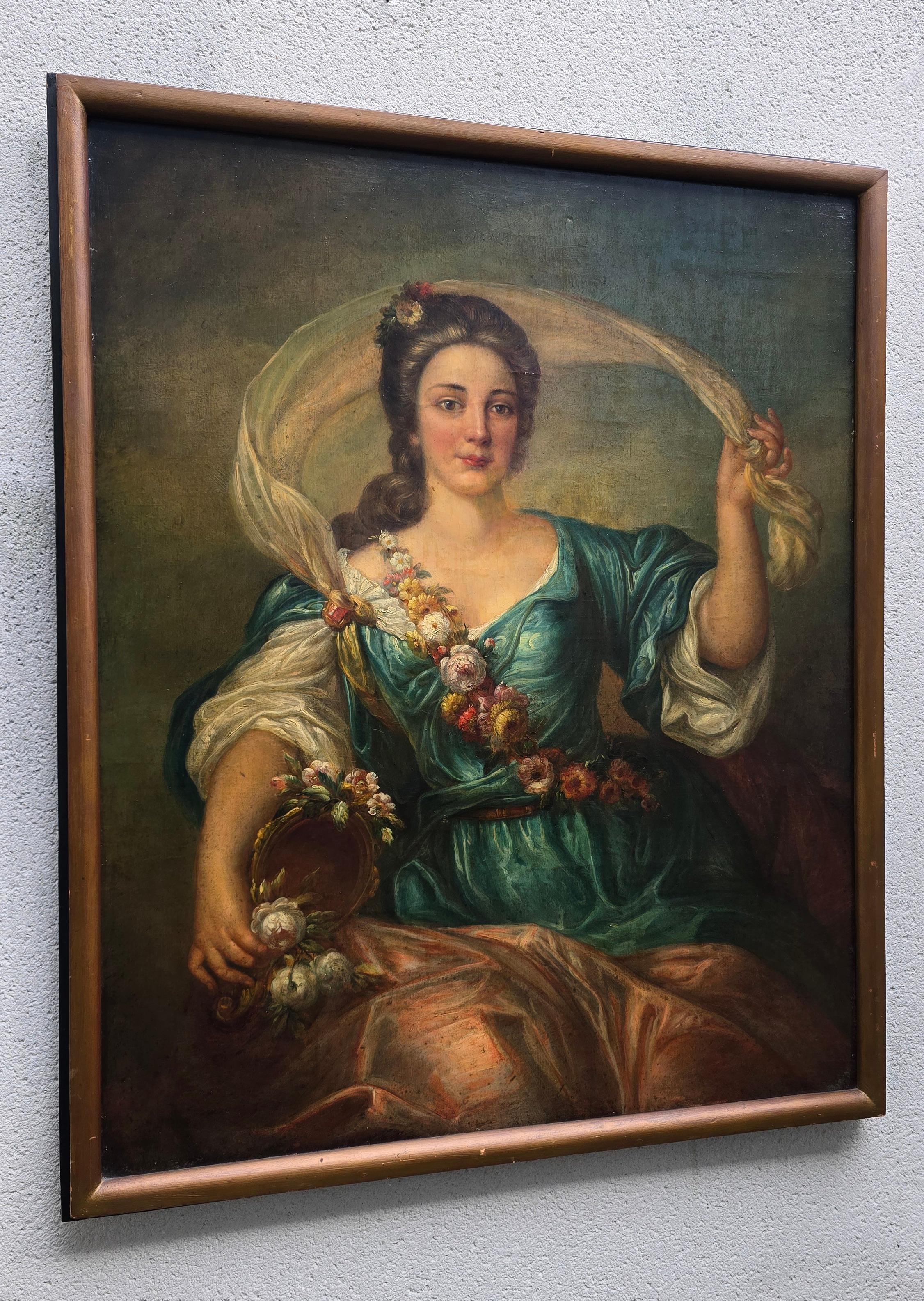 Néo-rococo 19th Century Rococo Style Oil Portrait – Allegorical Lady as Flora, After Nattie en vente