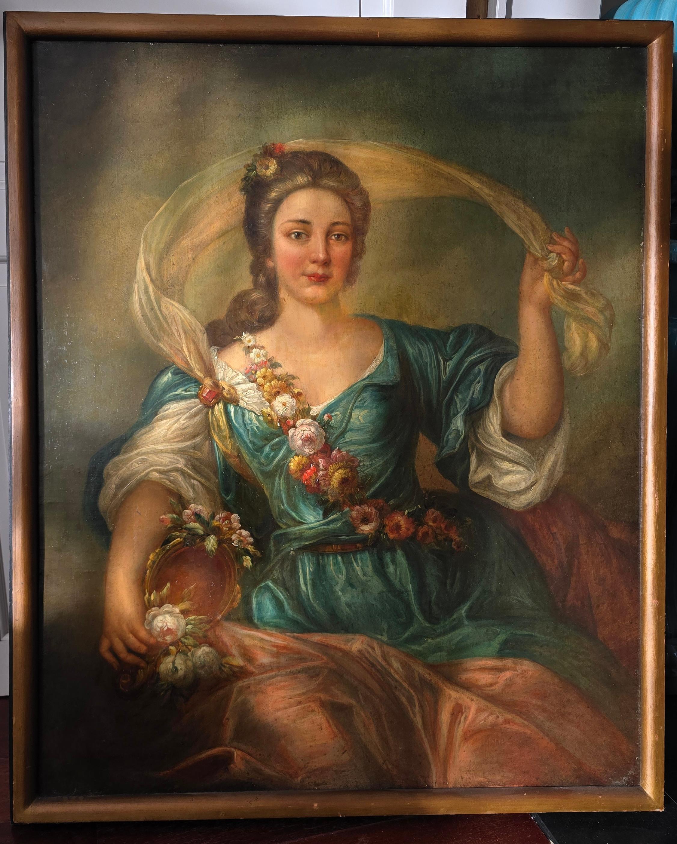Français 19th Century Rococo Style Oil Portrait – Allegorical Lady as Flora, After Nattie en vente