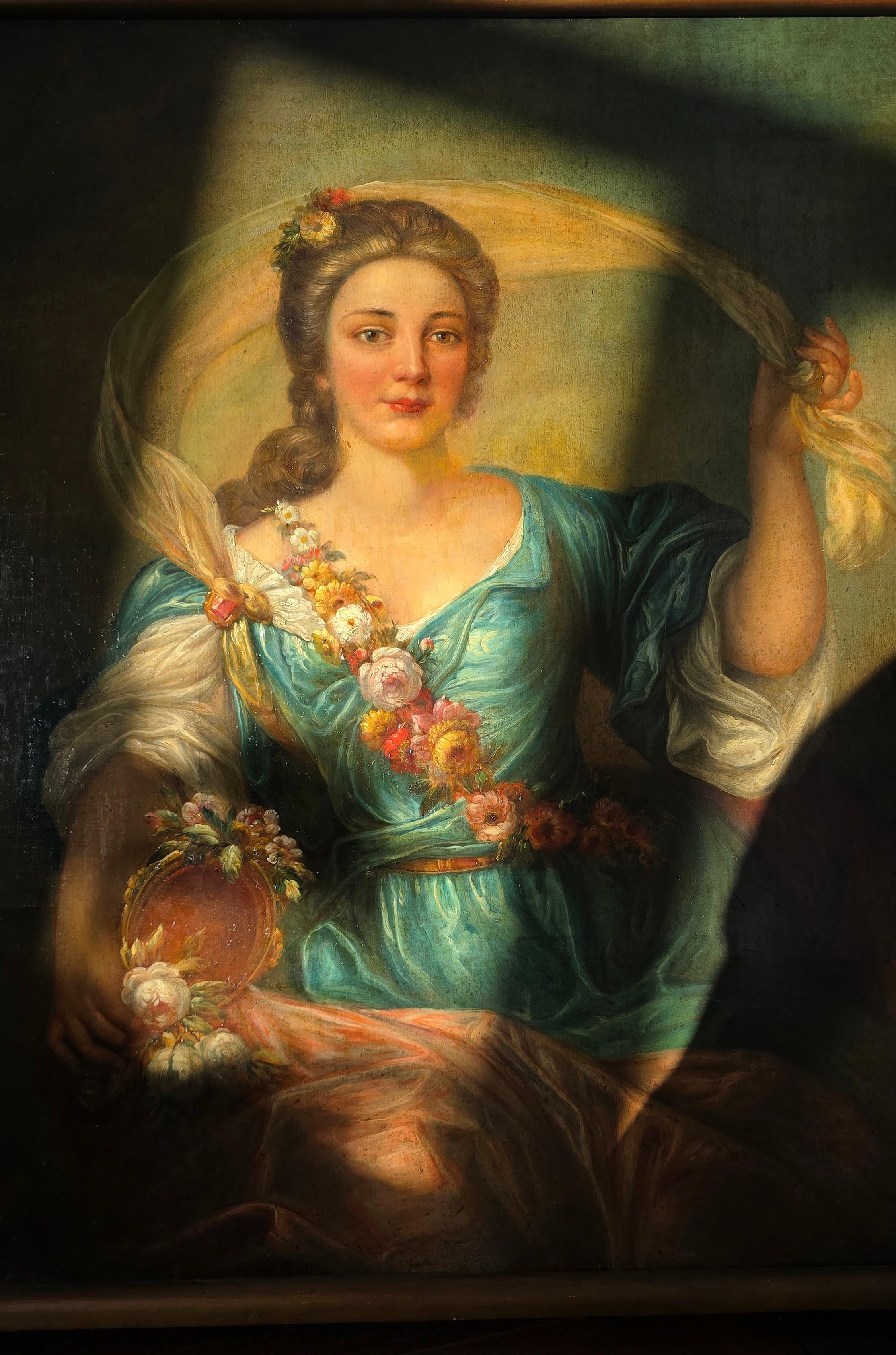 Peint à la main 19th Century Rococo Style Oil Portrait – Allegorical Lady as Flora, After Nattie en vente