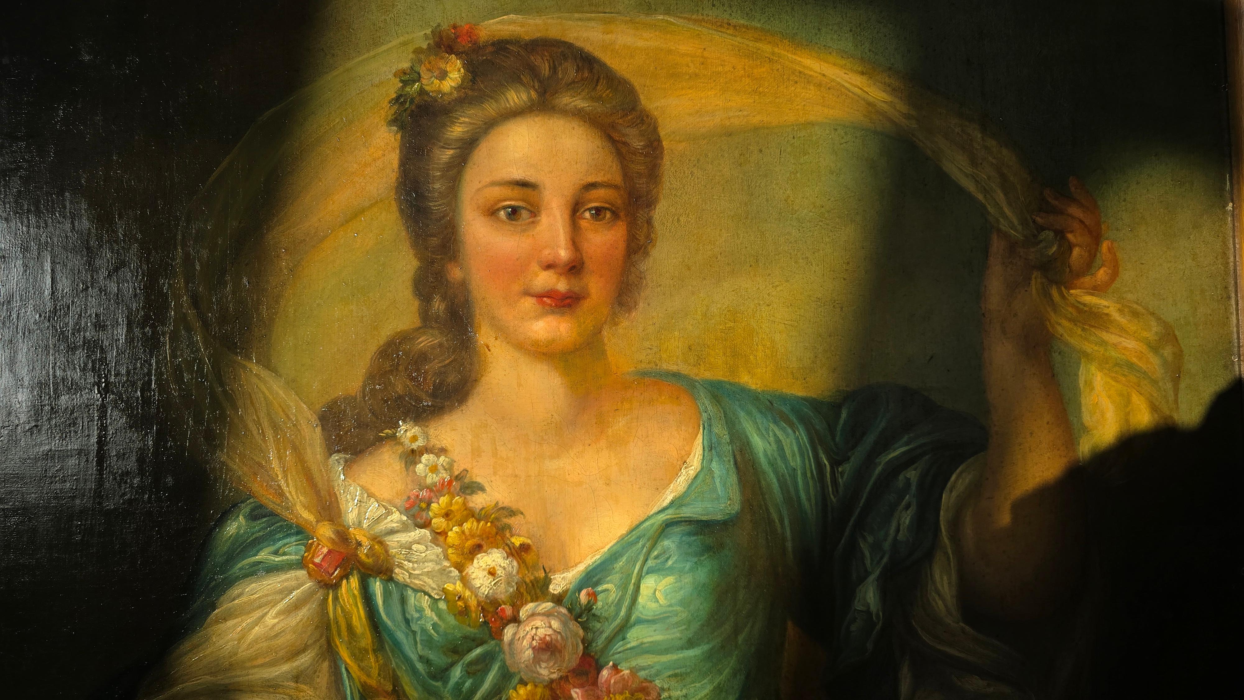 19th Century Rococo Style Oil Portrait – Allegorical Lady as Flora, After Nattie Bon état - En vente à Antwerp, BE