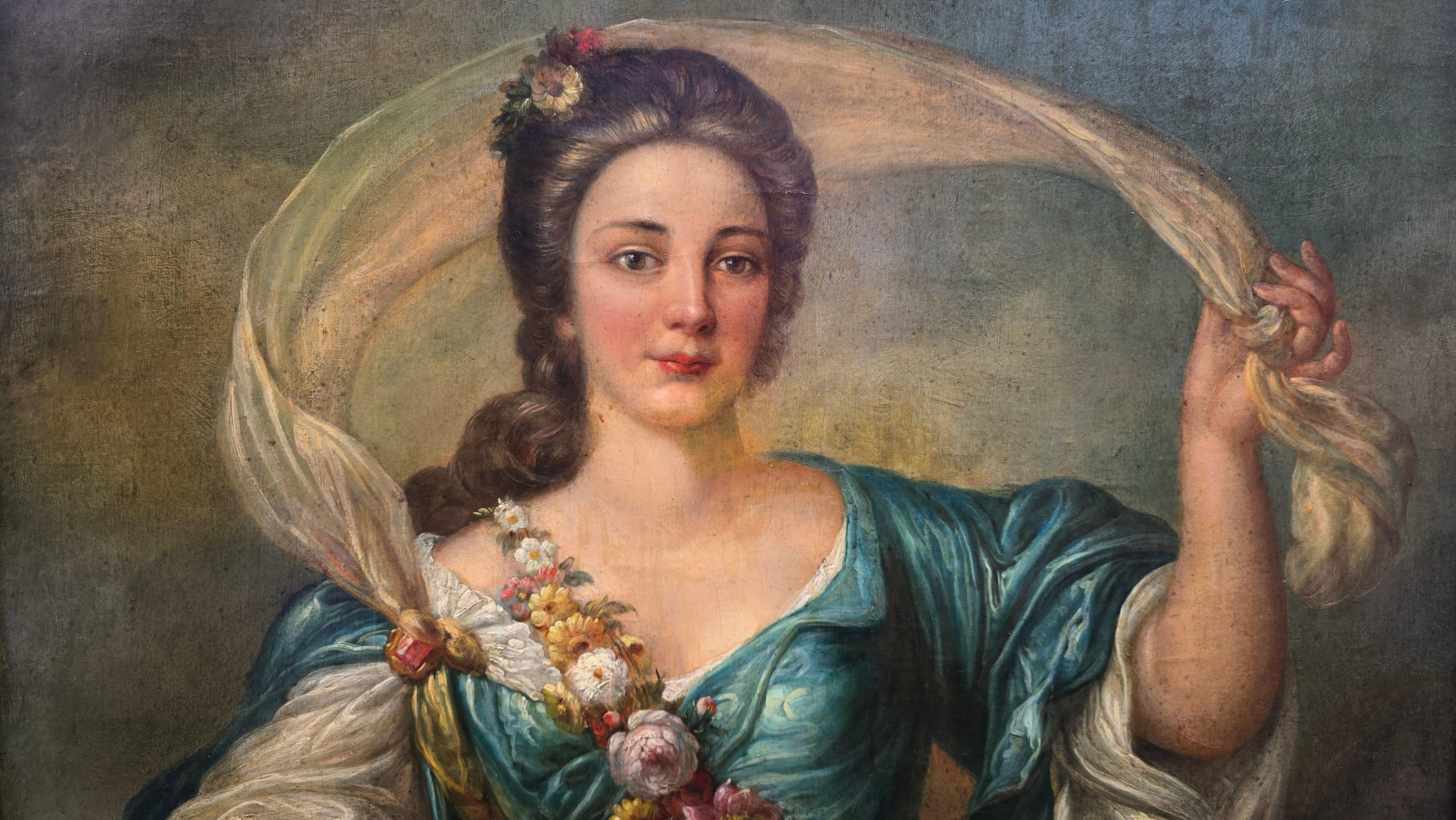 XIXe siècle 19th Century Rococo Style Oil Portrait – Allegorical Lady as Flora, After Nattie en vente