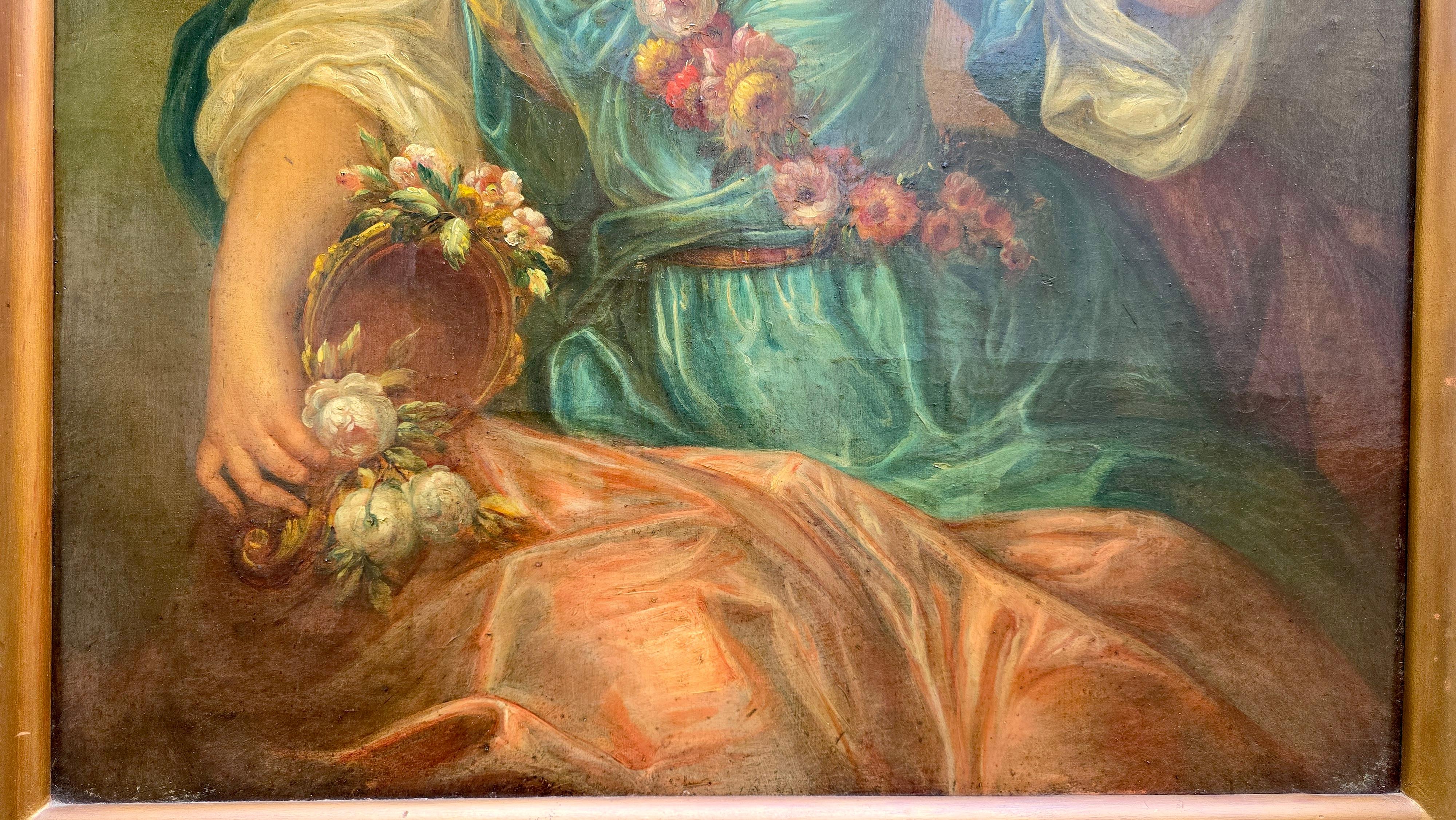 Bois 19th Century Rococo Style Oil Portrait – Allegorical Lady as Flora, After Nattie en vente