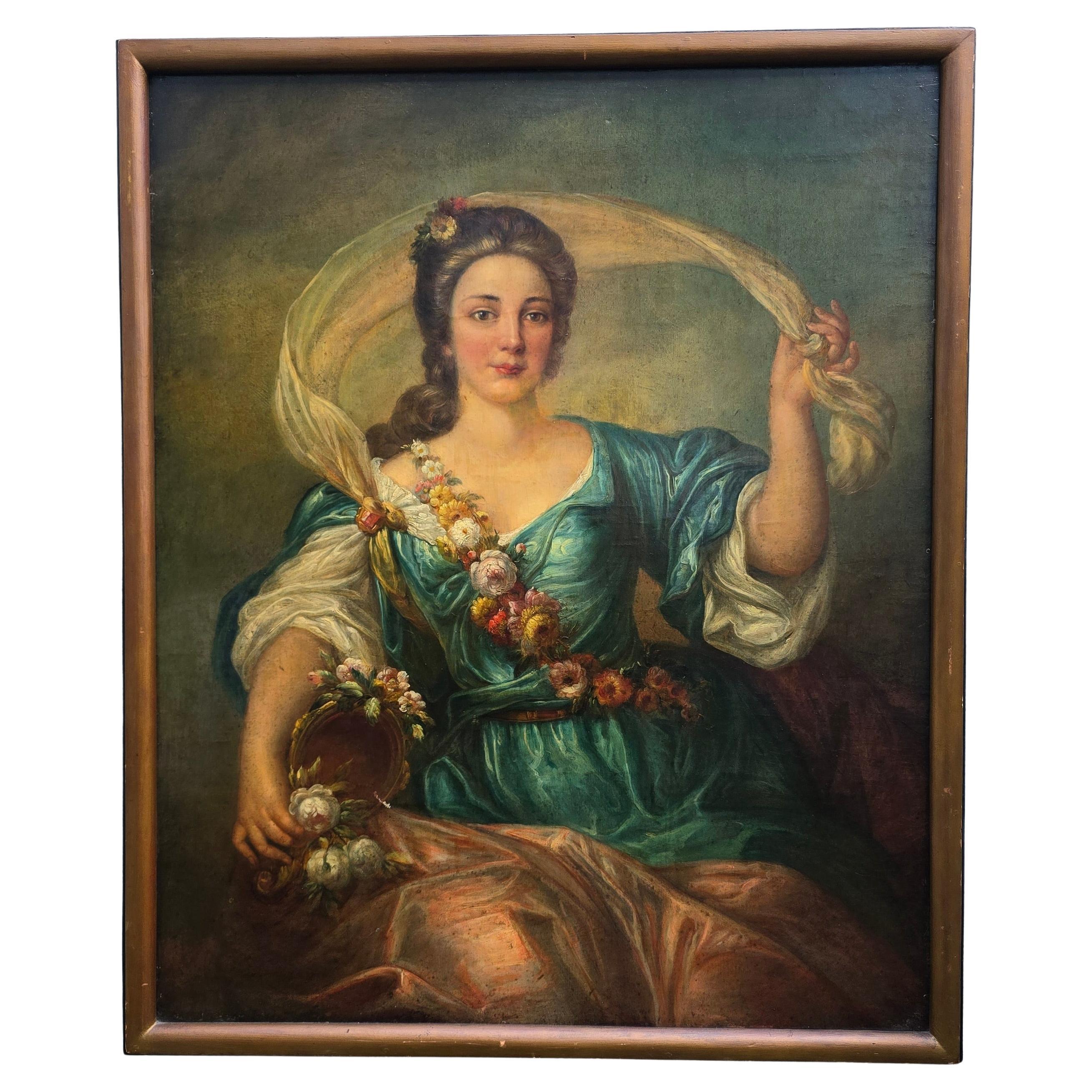 19th Century Rococo Style Oil Portrait – Allegorical Lady as Flora, After Nattie en vente