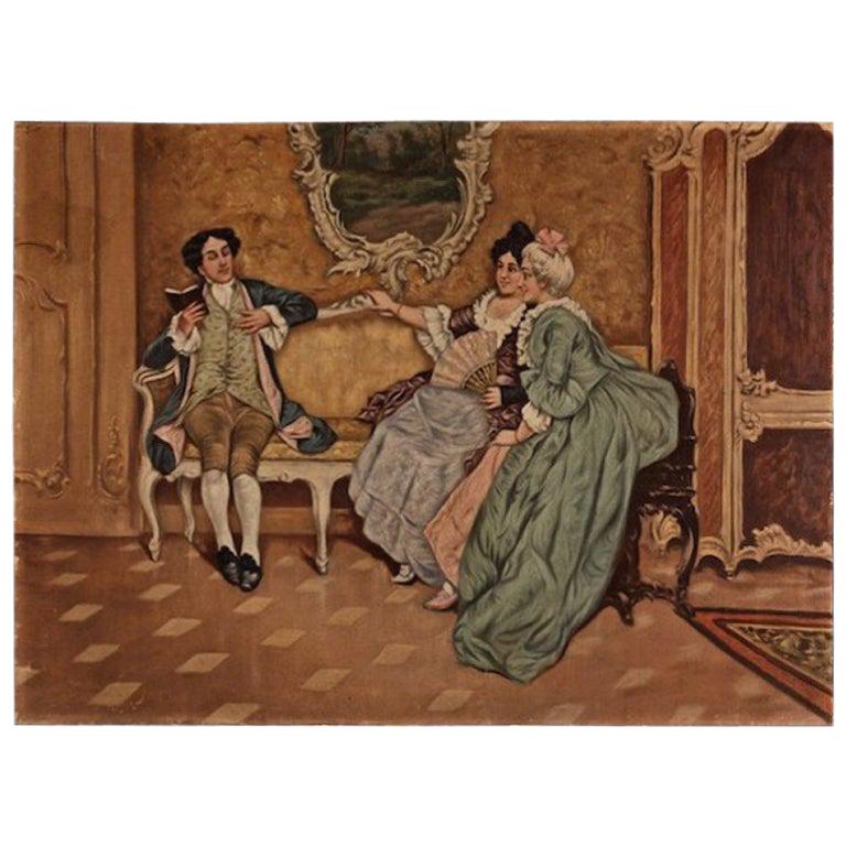 Peinture huile sur toile de style rococo du 19ème siècle