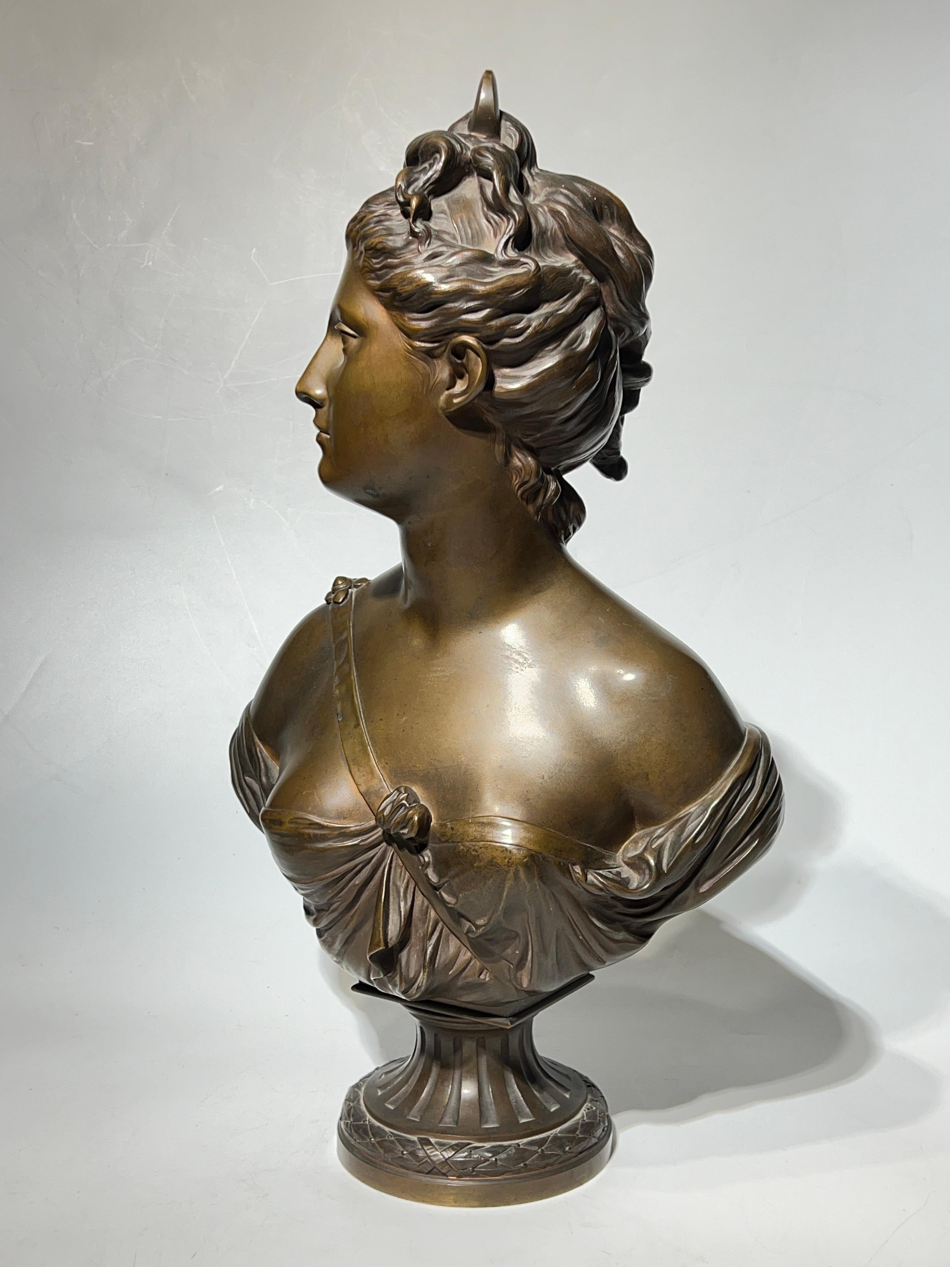 Fine finely modeled and cast antique (late 19th century) patinated bronze bust sculpture of the Roman goddess, Diana, after the original model by Jean-Antoine Houdon (1741-1828), cast in Paris by Susse Freres.  22 1/2 inches tall, it rotates