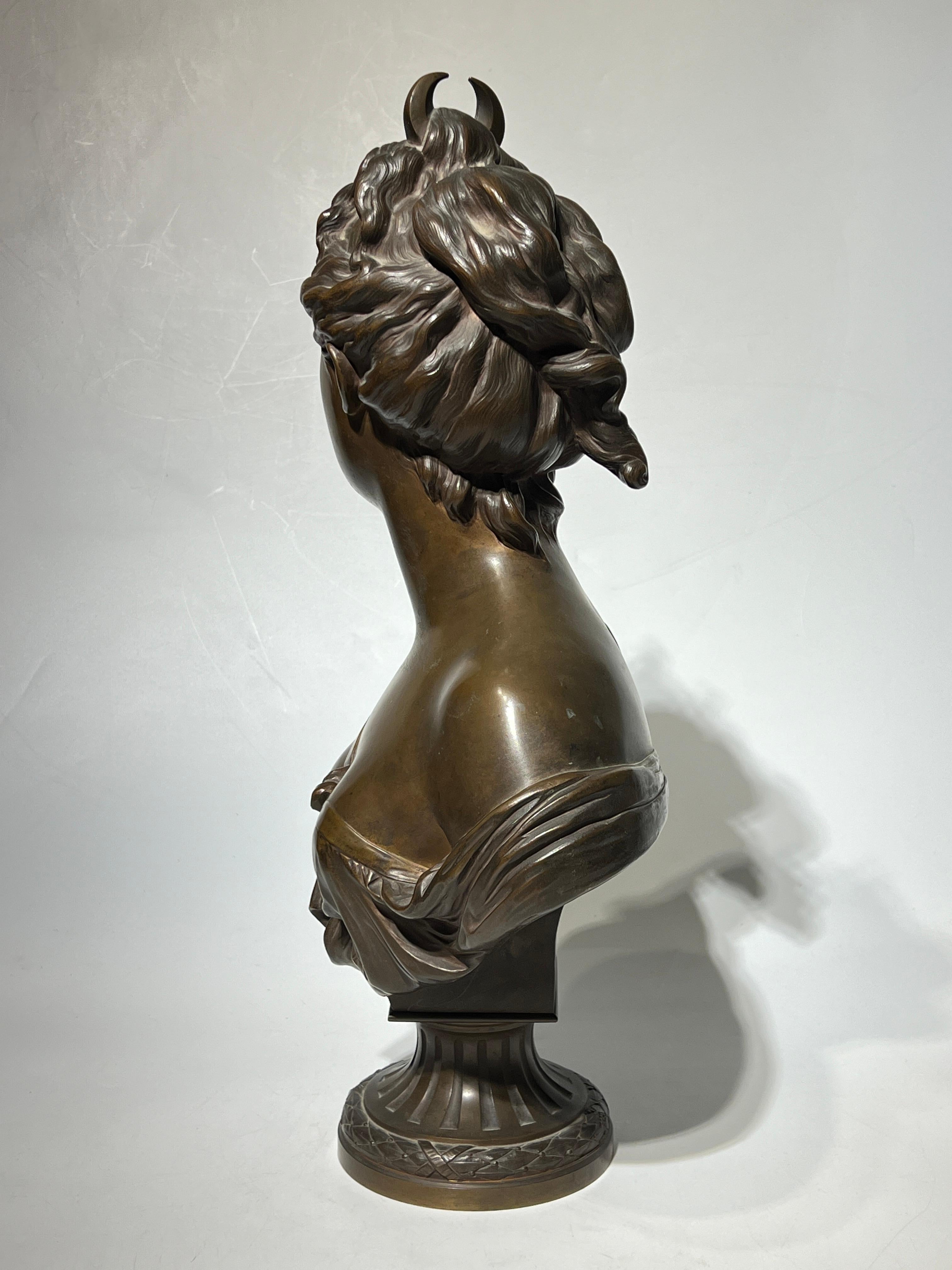 Neoclassical 19th Century Roman Goddess Diana Bronze Bust Sculpture After Houdon