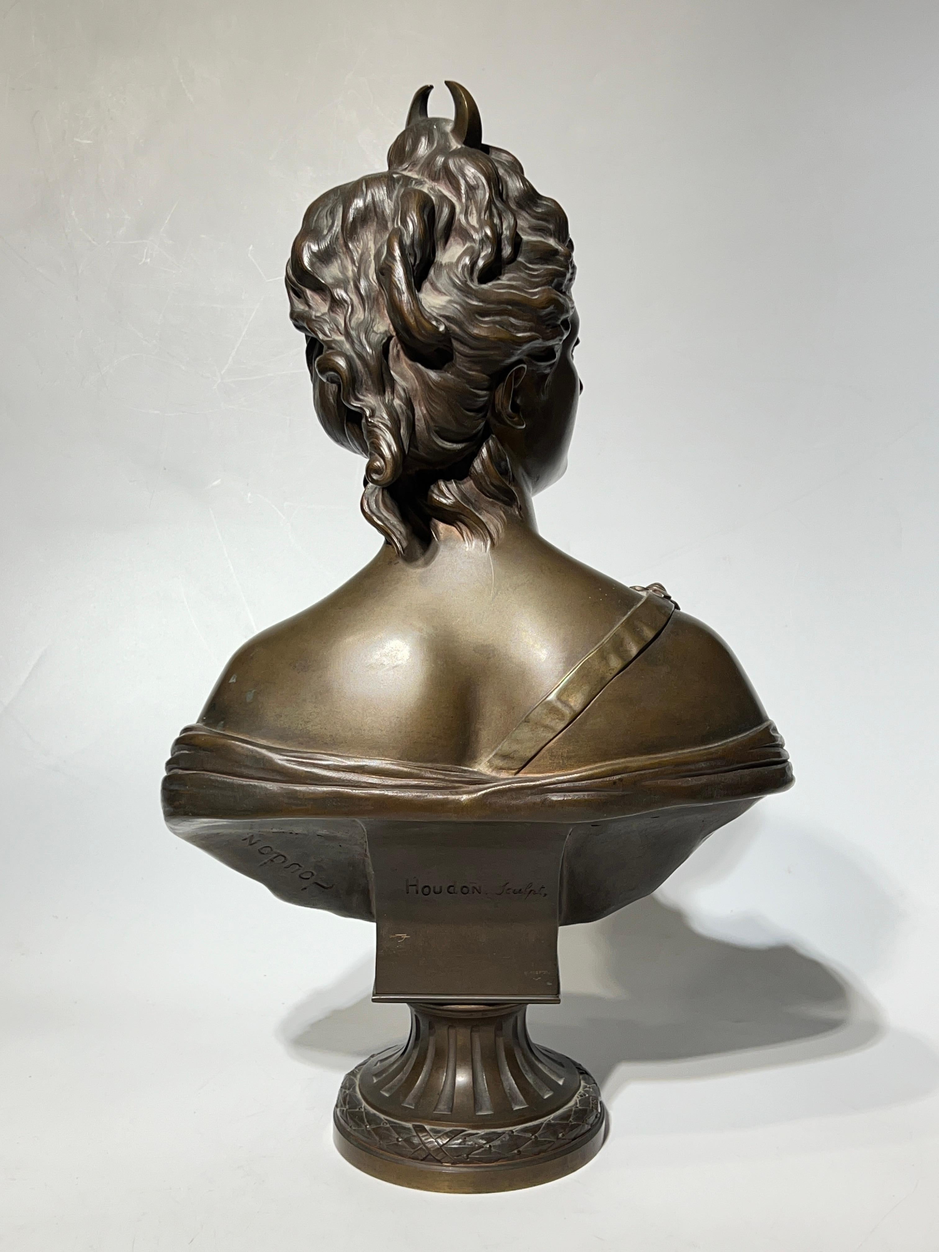 French 19th Century Roman Goddess Diana Bronze Bust Sculpture After Houdon