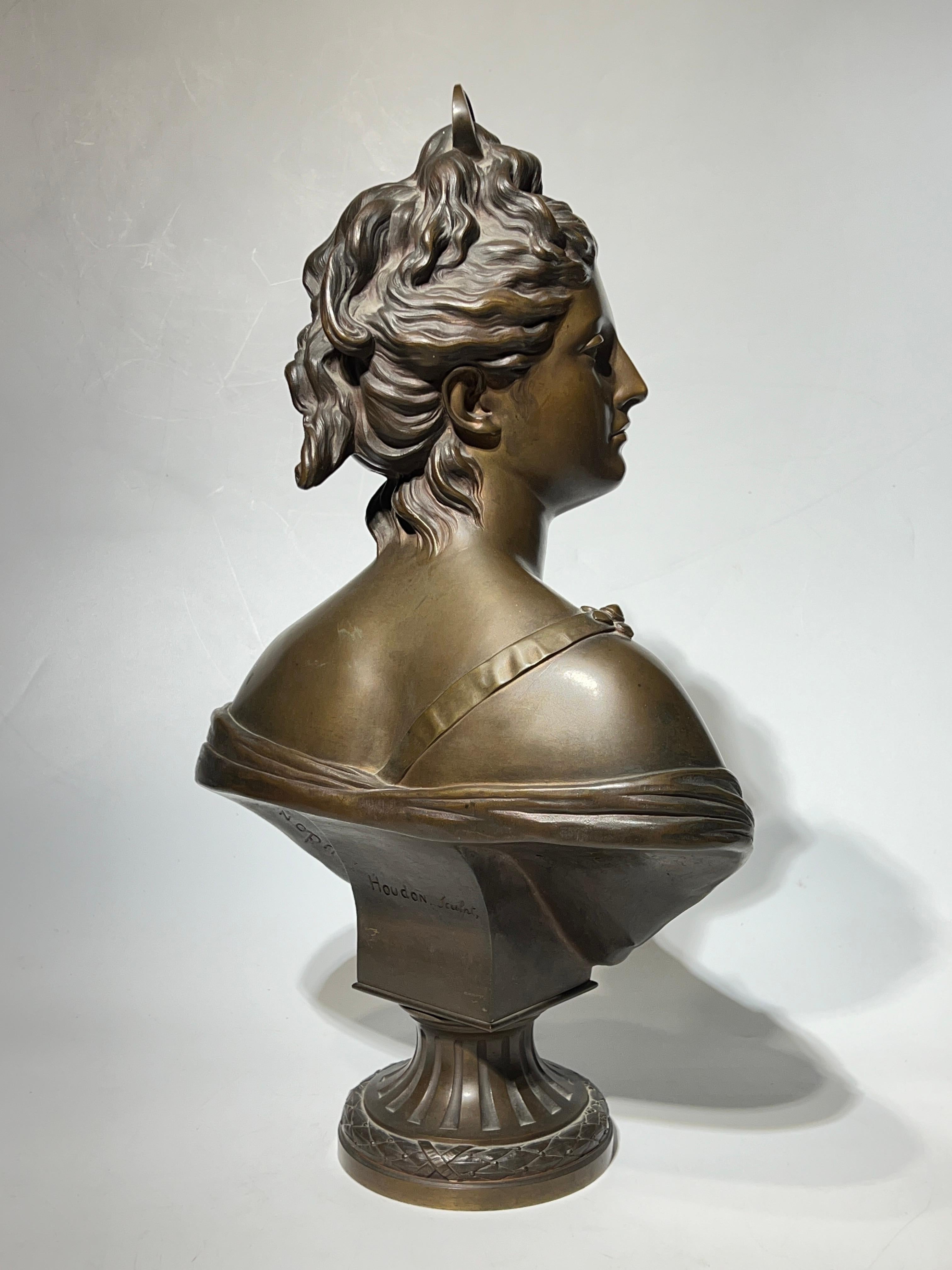 Patinated 19th Century Roman Goddess Diana Bronze Bust Sculpture After Houdon
