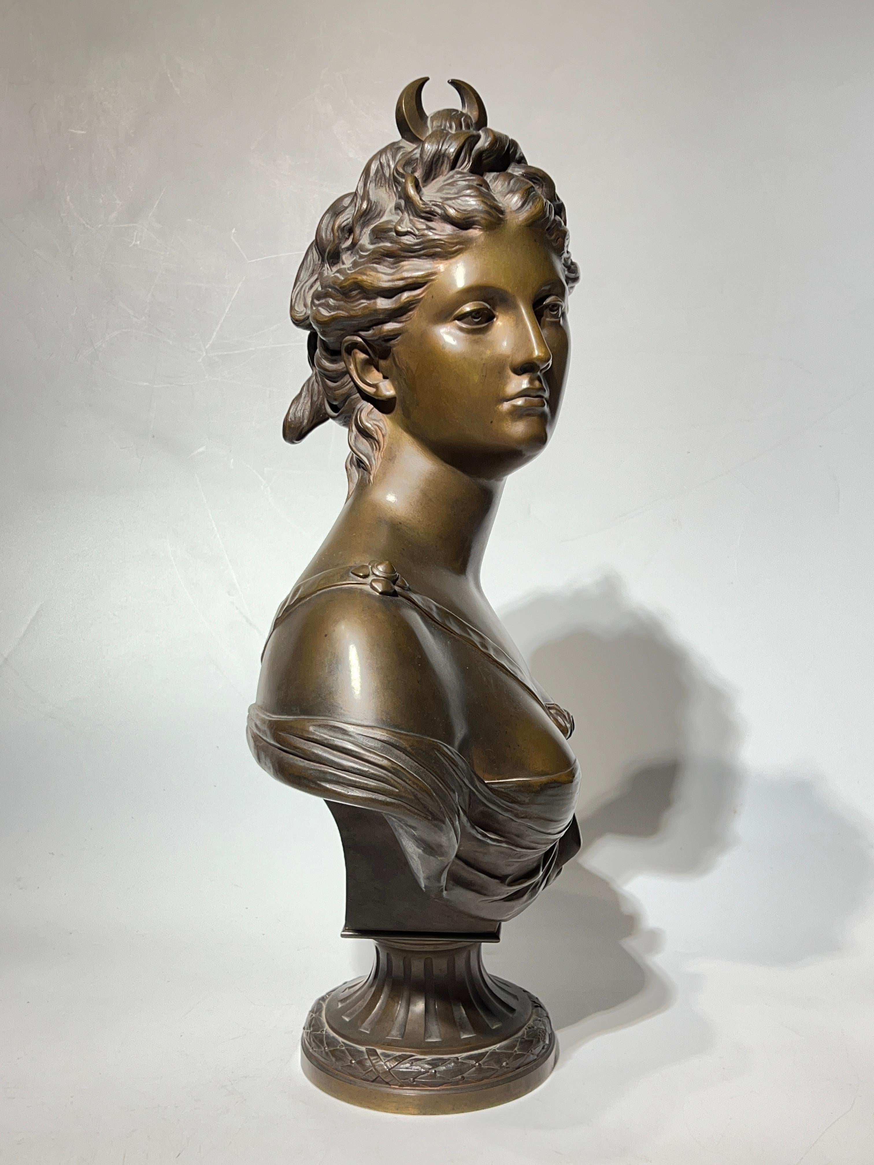 19th Century Roman Goddess Diana Bronze Bust Sculpture After Houdon In Good Condition In New York, NY