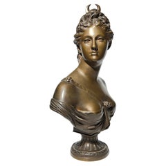 19th Century Roman Goddess Diana Bronze Bust Sculpture After Houdon