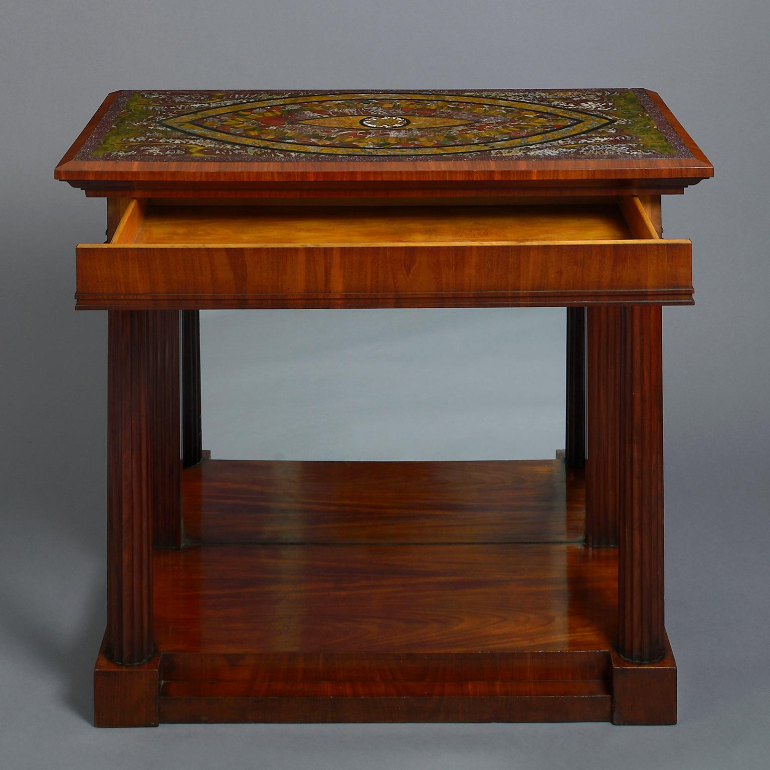 A 19th century Roman Pietra Dura topped mahogany console table in the manner of Francesco Sibilio the rectangular top with navette shaped design, perhaps representing the Occhio della Prividenza or ‘All-Seeing Eye’, the pupil formed of a star, the