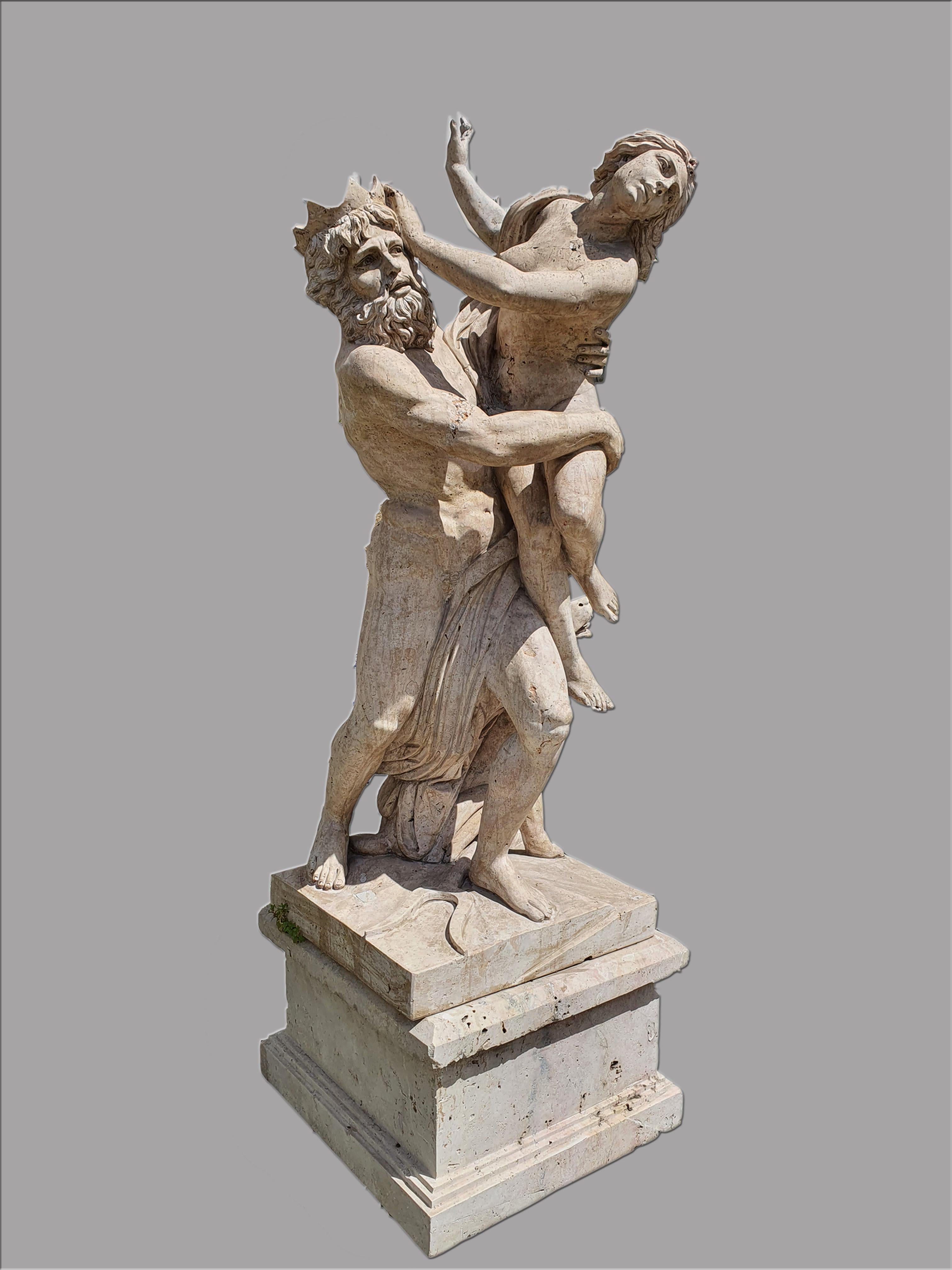 Large sculpture made of Roman travertine, finely carved in every detail. The sculpture represents the famous Rape of Proserpina, work of art known all over the world.