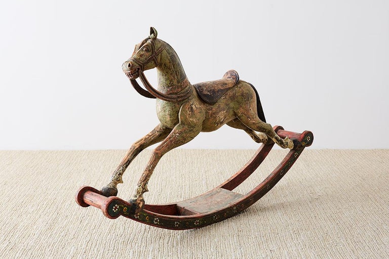 19th Century Romanian Polychrome Wooden Rocking Horse For Sale 6