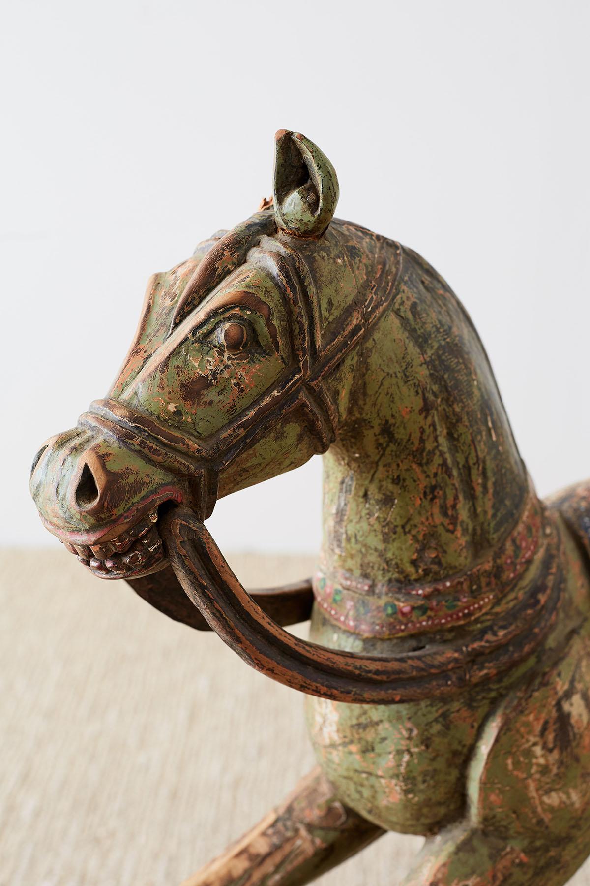 19th Century Romanian Polychrome Wooden Rocking Horse For Sale 4