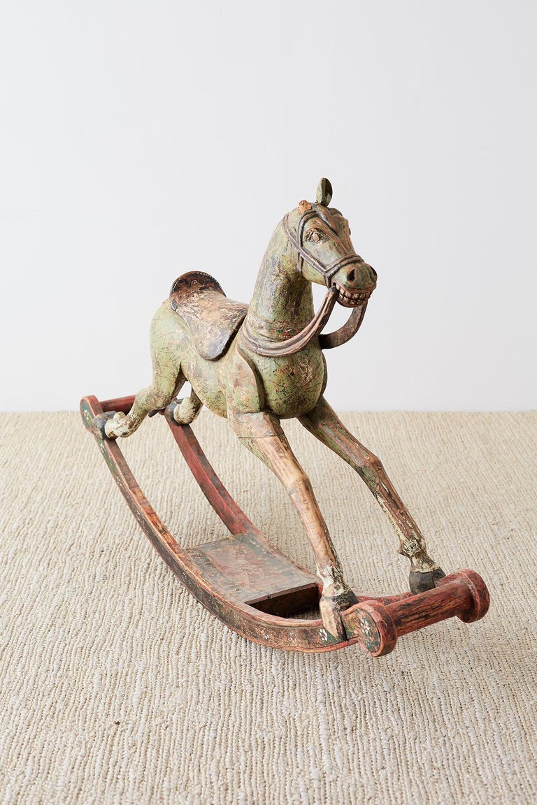 19th Century Romanian Polychrome Wooden Rocking Horse For Sale 8