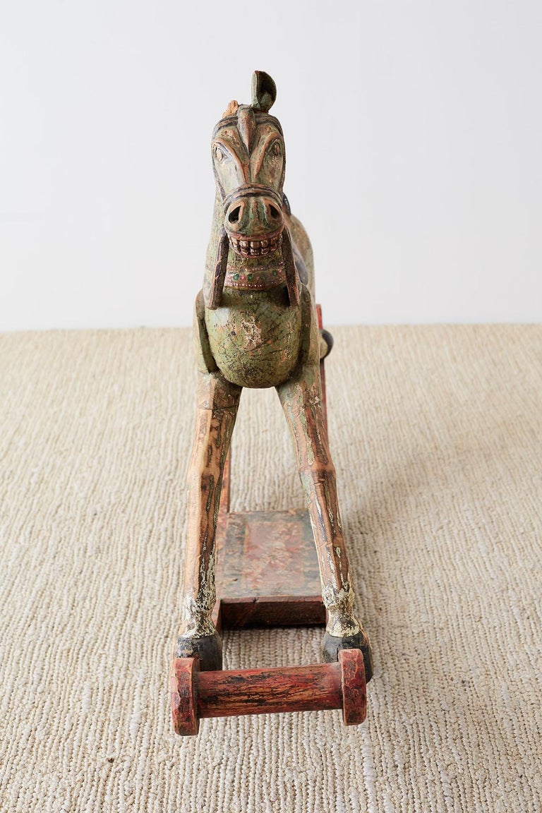 19th Century Romanian Polychrome Wooden Rocking Horse For Sale 12