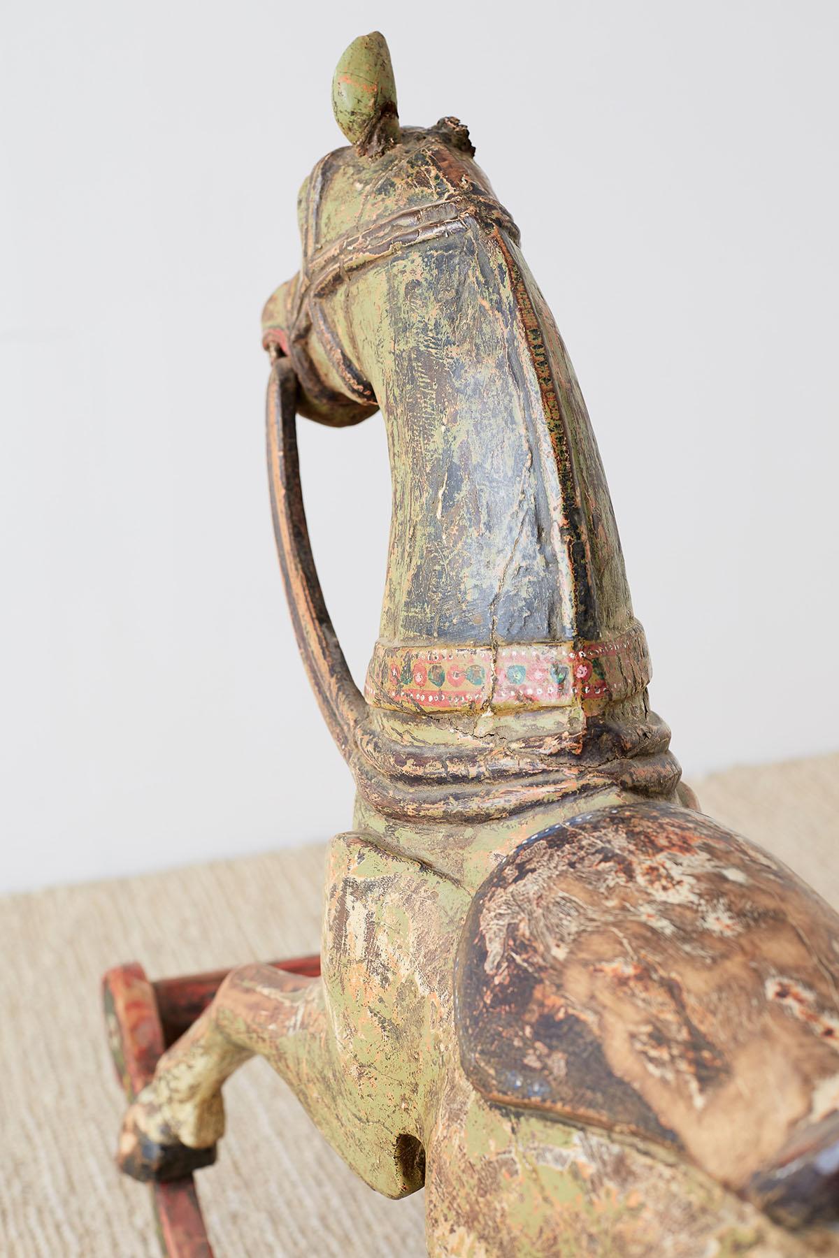 19th Century Romanian Polychrome Wooden Rocking Horse For Sale 14